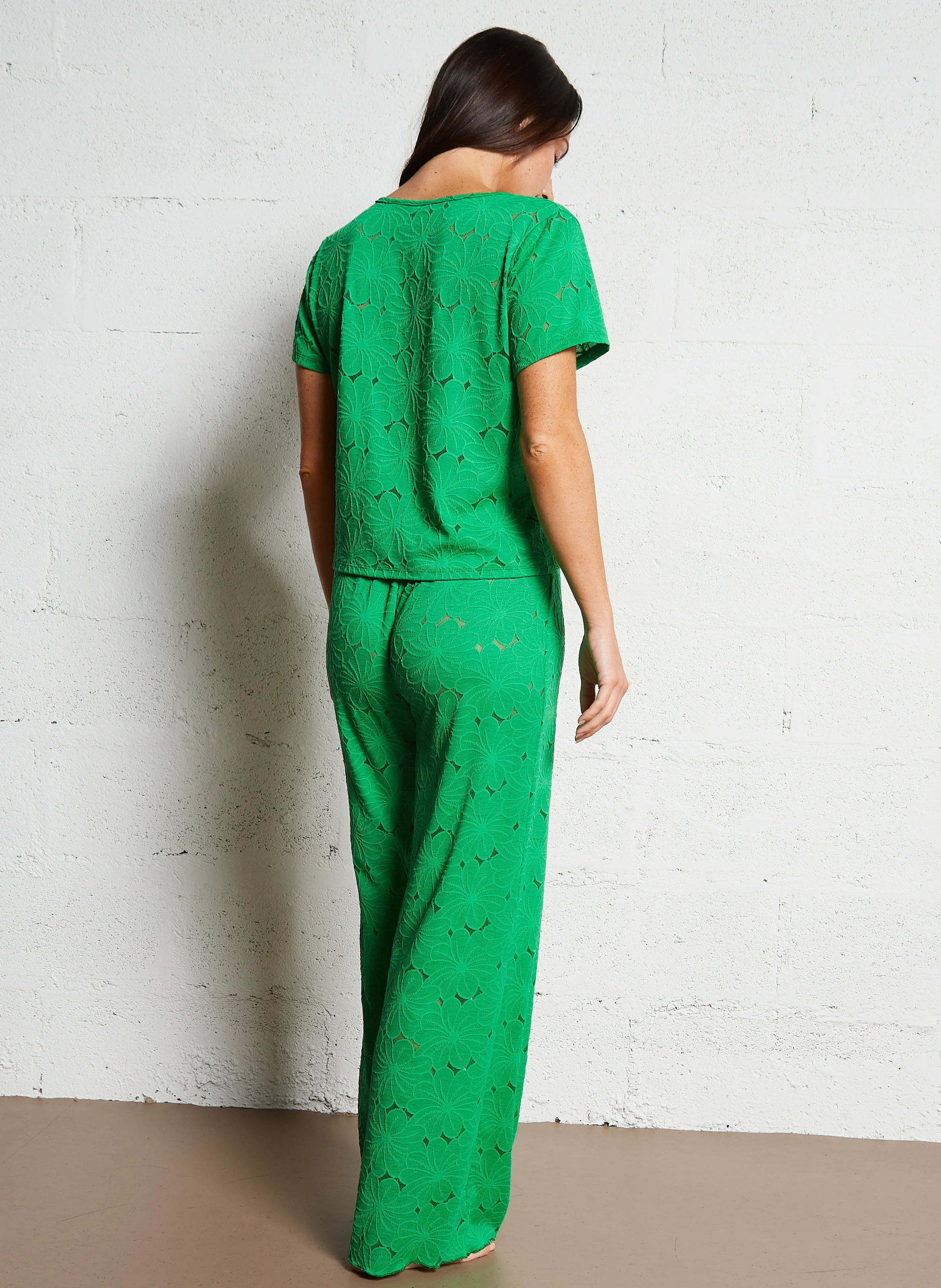 NATI - Pantalon taille haute en dentelle fleurie | Vert
