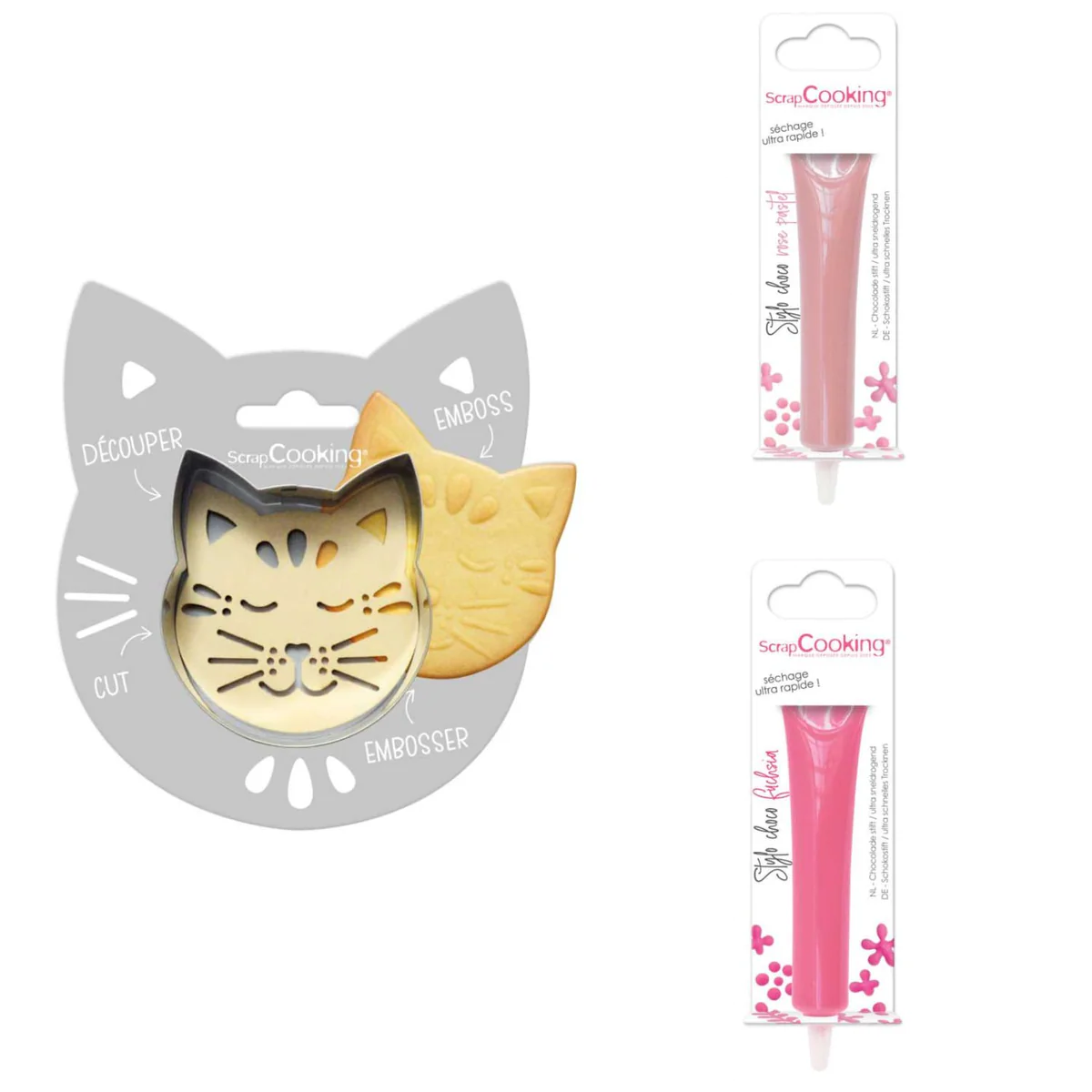 Kit pour biscuit en relief Chat + 2 Stylos au chocolat rose pastel et