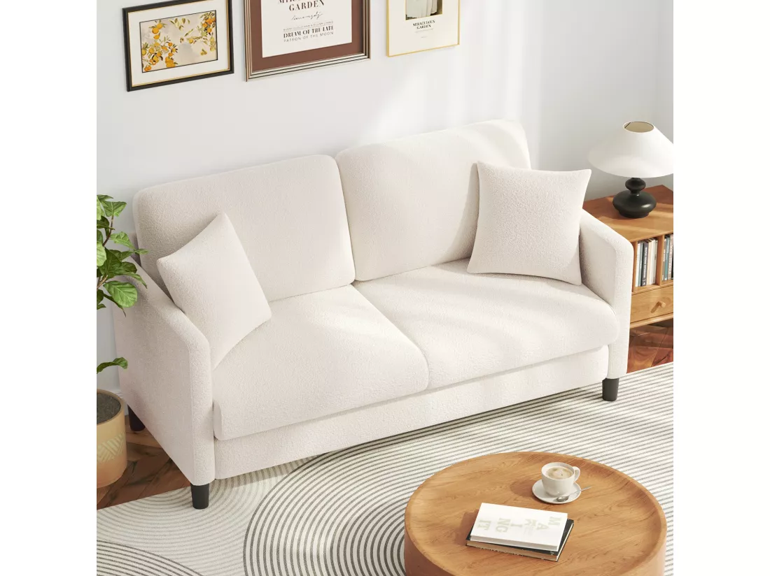 Canapé 2/3 Places en Velours Teddy,Canapé Droit Confort en Bois Massif,Loveseat avec Accoudoirs,165x78x89cm,Beige