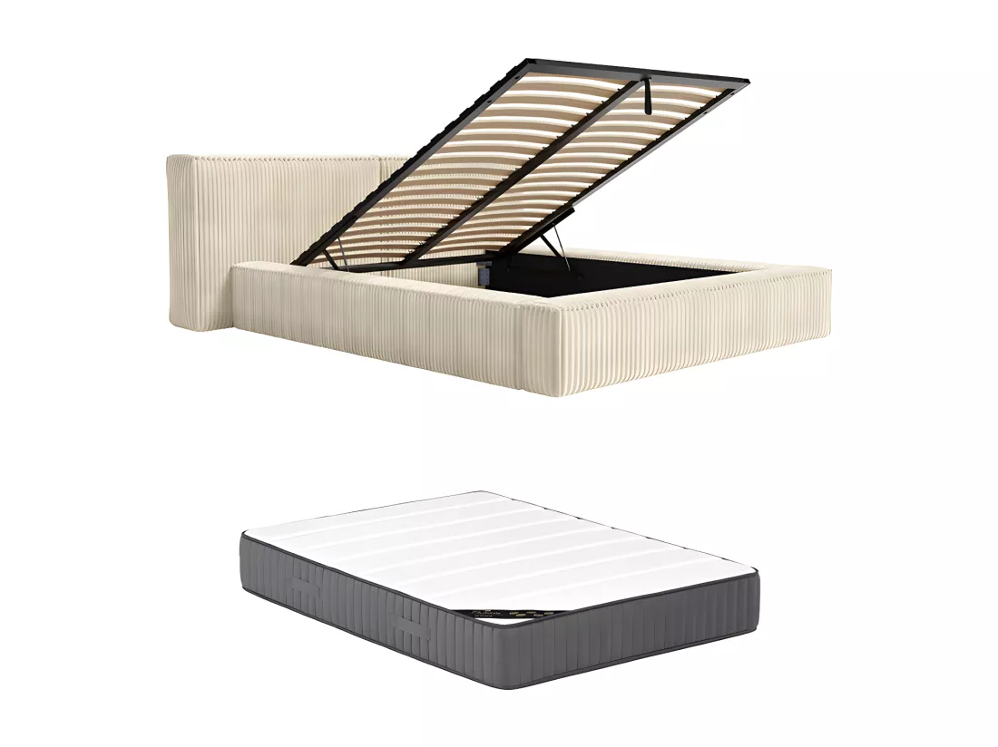 Lit coffre 140 x 190 cm - Velours côtelé grosses côtes - Beige + Matelas - TIMANO de Pascal Morabito