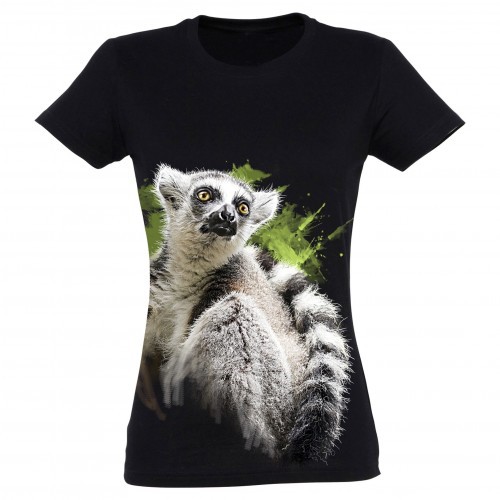 Camiseta feminina com estampa de lêmure, preta.
