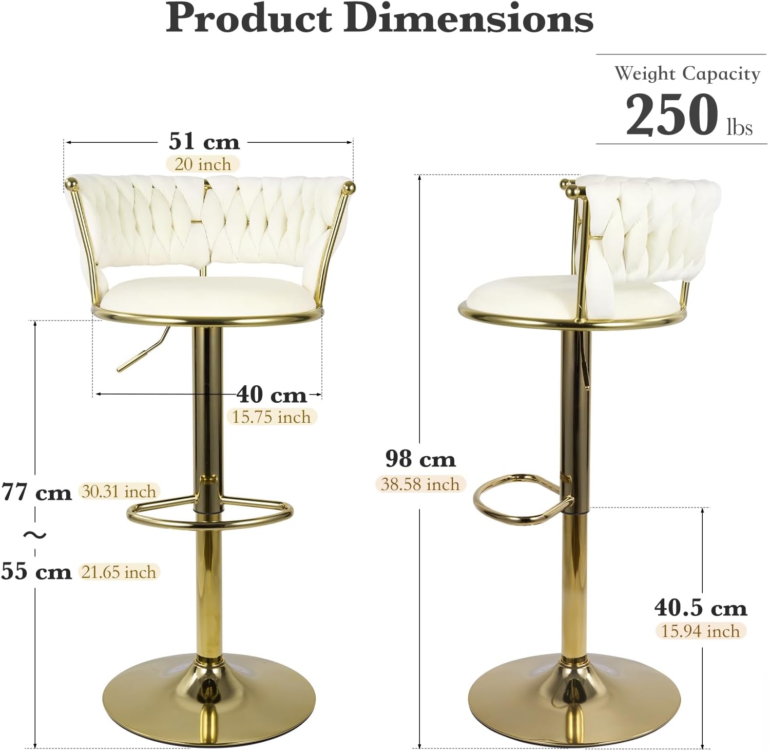 Aivermeil Barhocker 2er Set | Höhenverstellbar Barstuhl mit Metallrahmen • Ergonomisch Küchenhocker mit geflochtener Rückenlehne für Küche/Hausbar • Gold/Beige