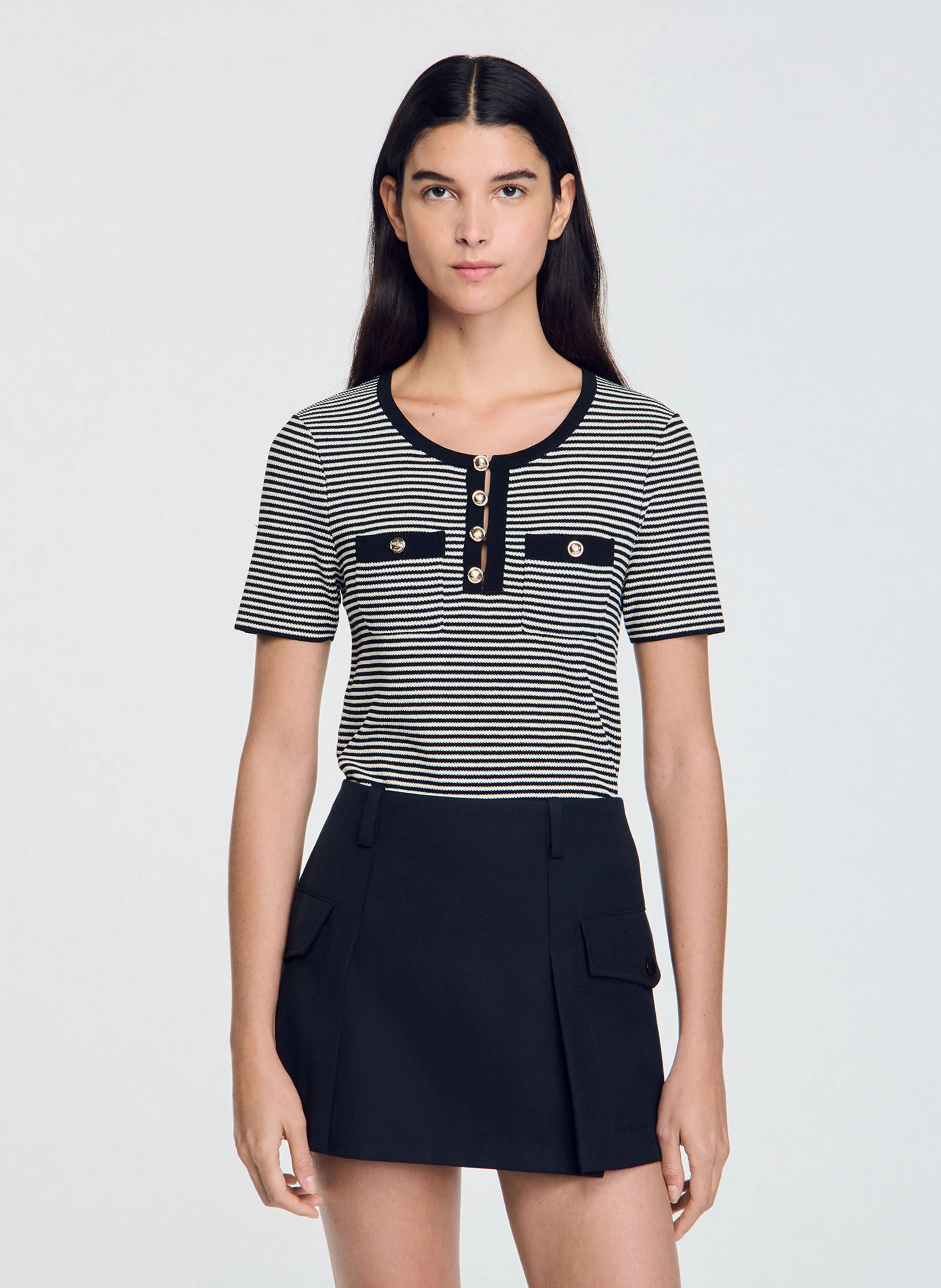 Pull col rond rayé | Noir