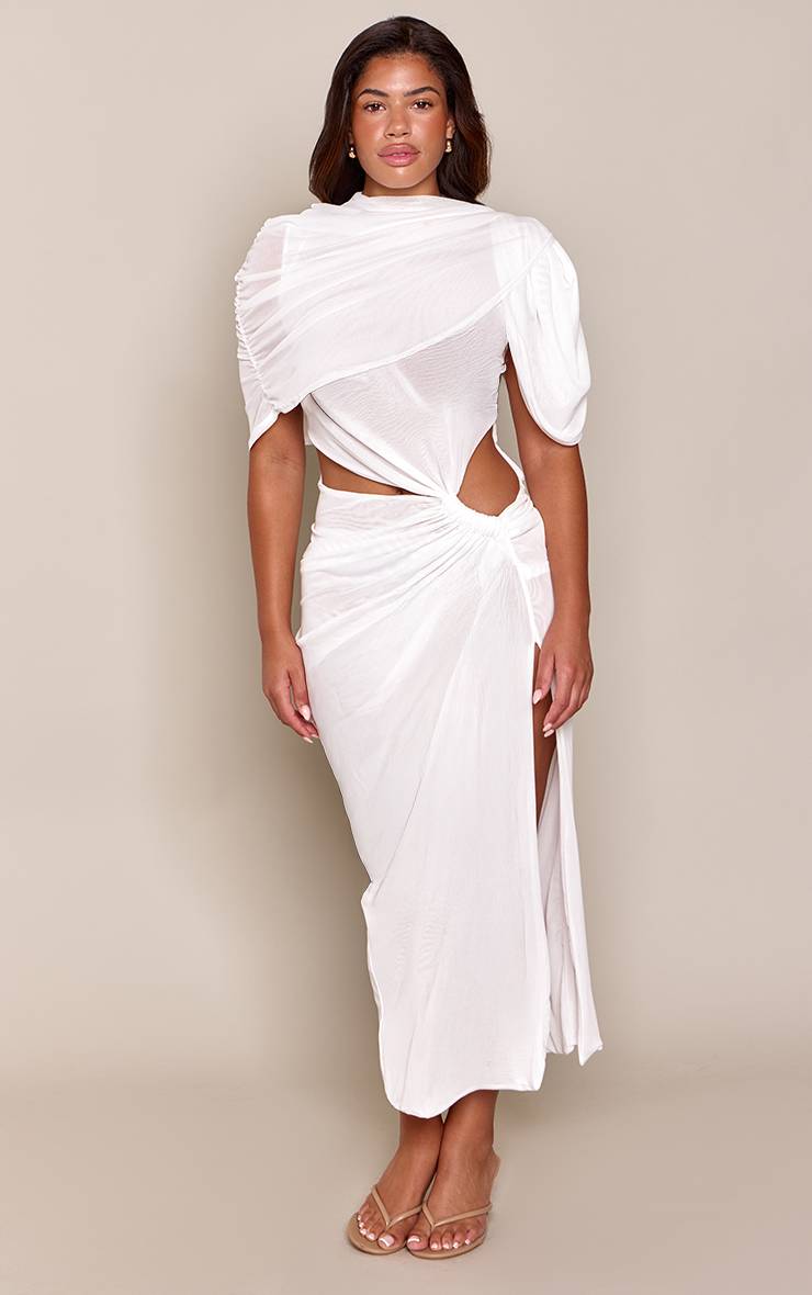 Crème Robe Maxi En Mesh Drapé Avec Détail Torsadé Sculptant