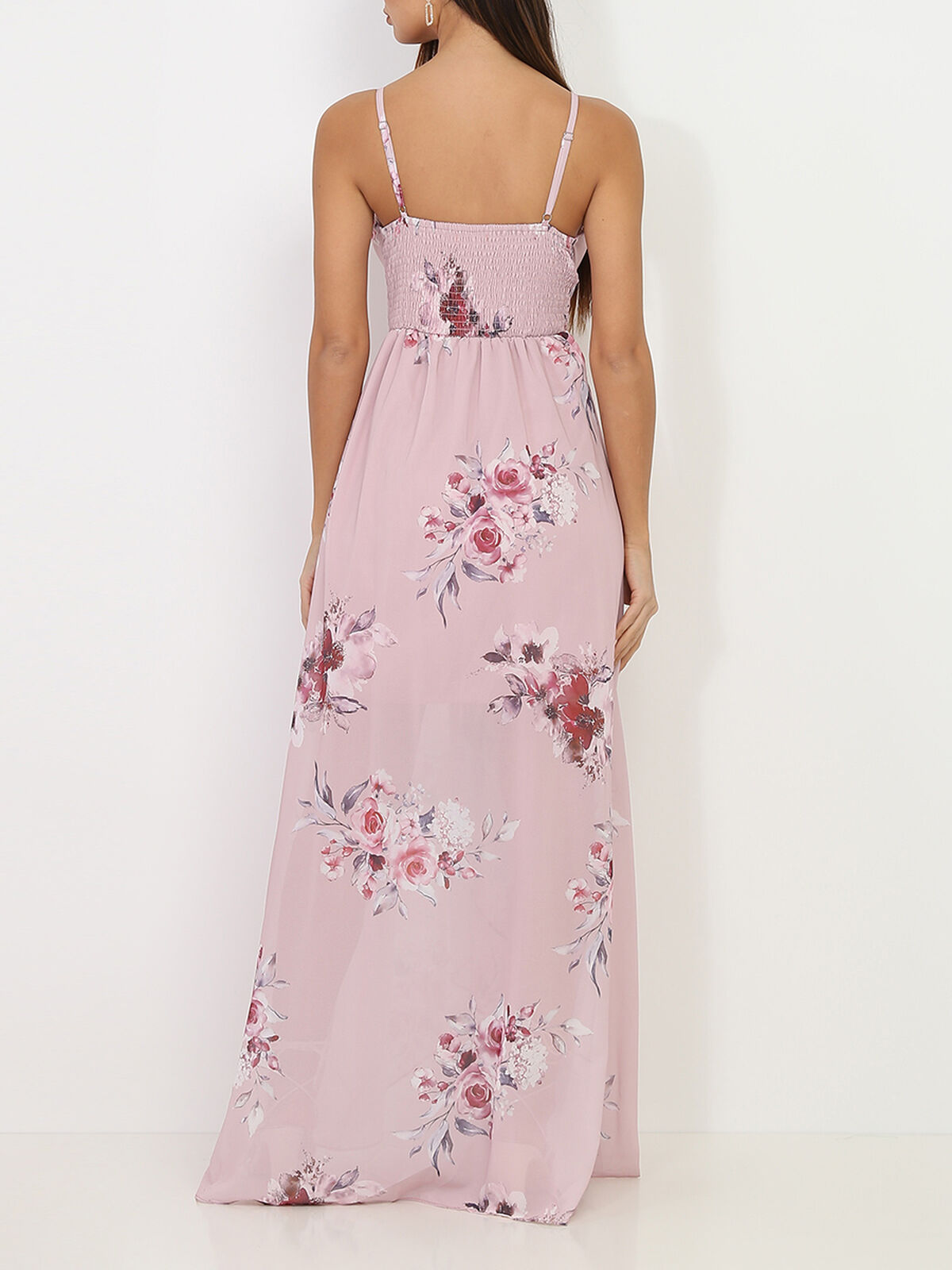 Robe longue fendue à fleurs romantiques- Vieux rose