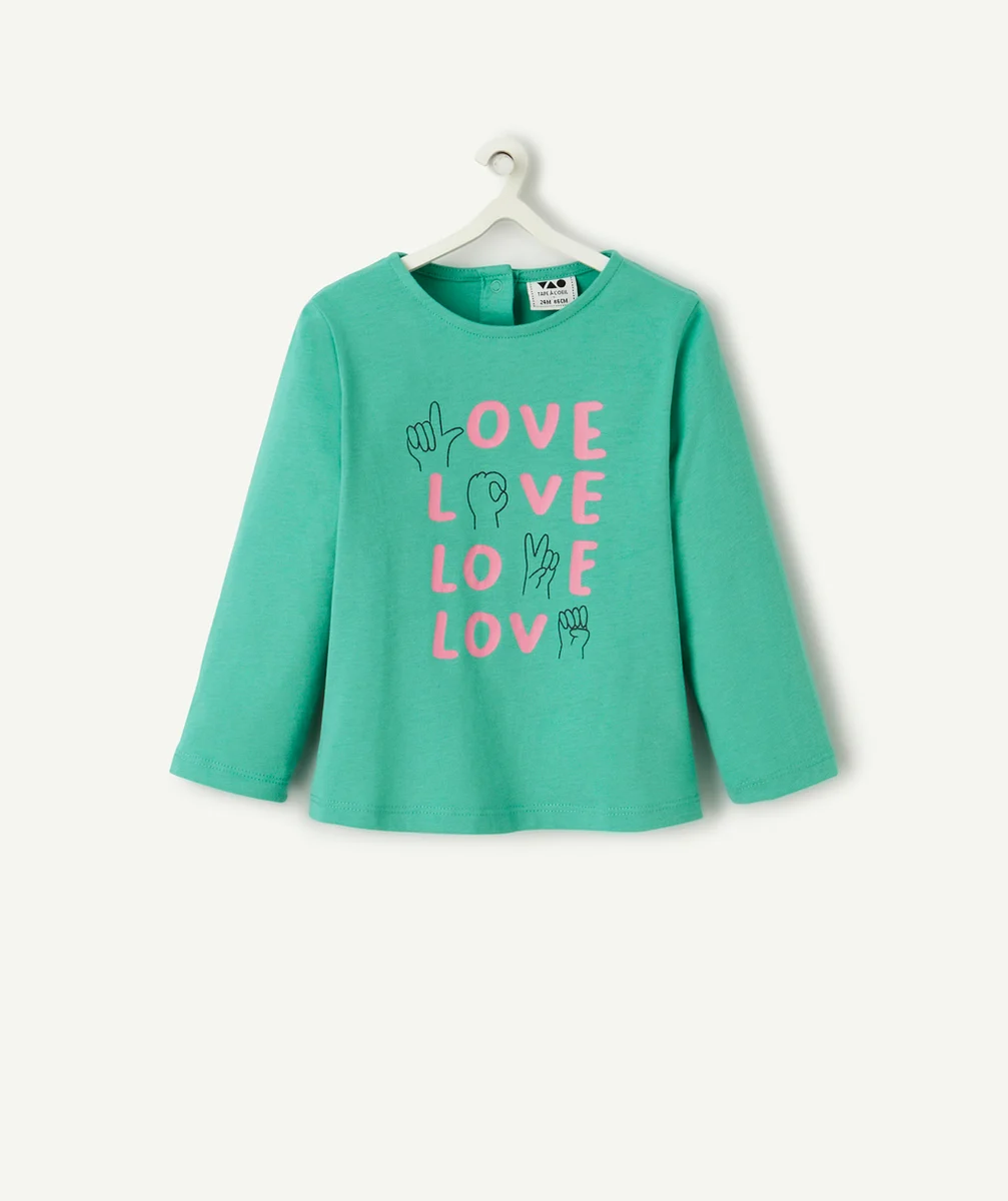 T-SHIRT BÉBÉ FILLE EN COTON BIO VERT ET MESSAGE ROSE