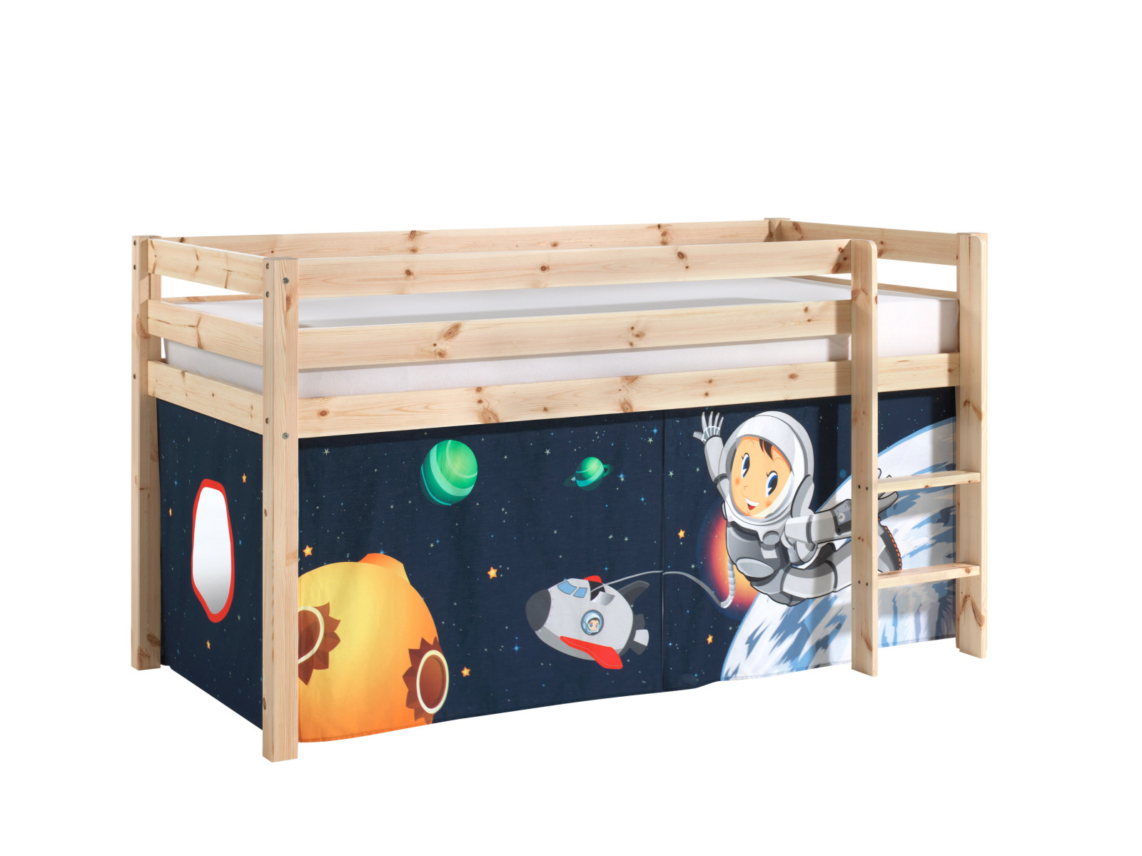 Halbhochbett PINO - natur - massiv - Spaceman - Leiter und Textilset - 90x200 cm