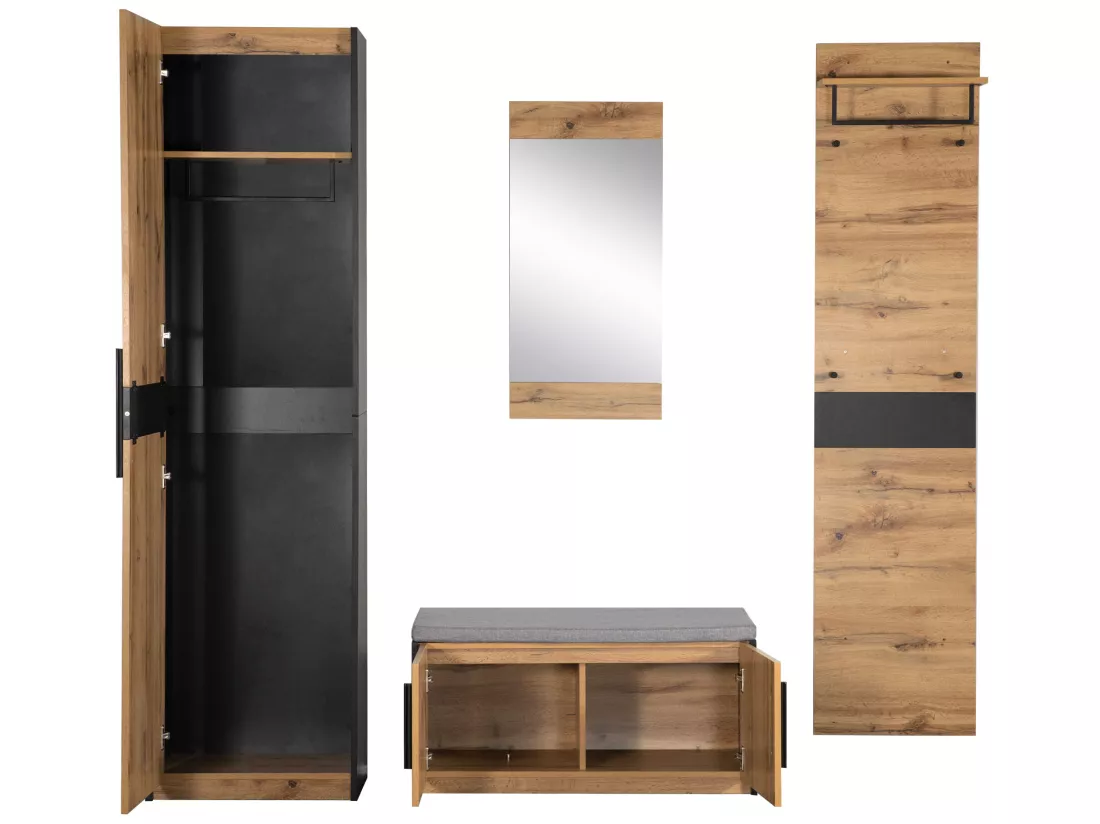 Vestiaire d'entrée avec miroir, armoire et banc à chaussures - Naturel foncé