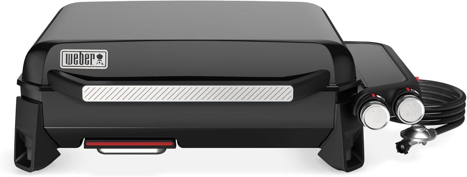 Weber Slate GP 56cm Premium Plancha Grill / 2 Brenner, Gleichmäßige Hitze bis zum Rand, Bis zu 260 °C, Porzellanemaillierte Antihaft-Grillfläche (56 x 41 cm), Höhenverstellbare Füße, Schwarz