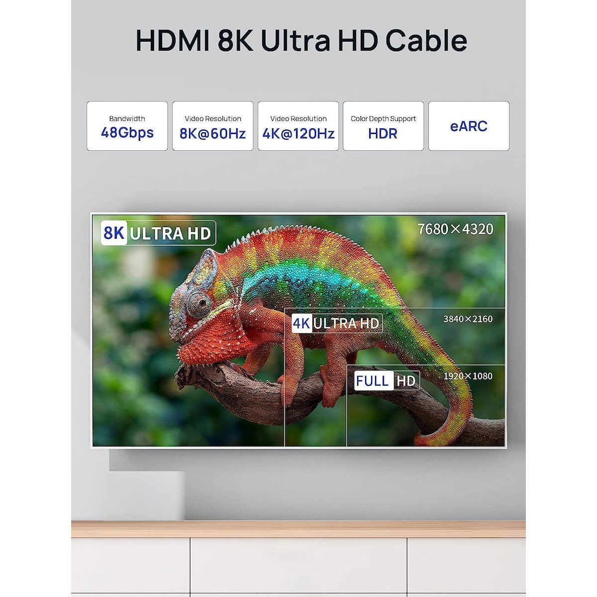 NÖRDIC 1m slank Ultra High Speed ​​​​HDMI2.1 8K 60Hz 4K 120Hz 48Gbps Dynamic HDR eARC Spillmodus VRR Dolby ATMOS
