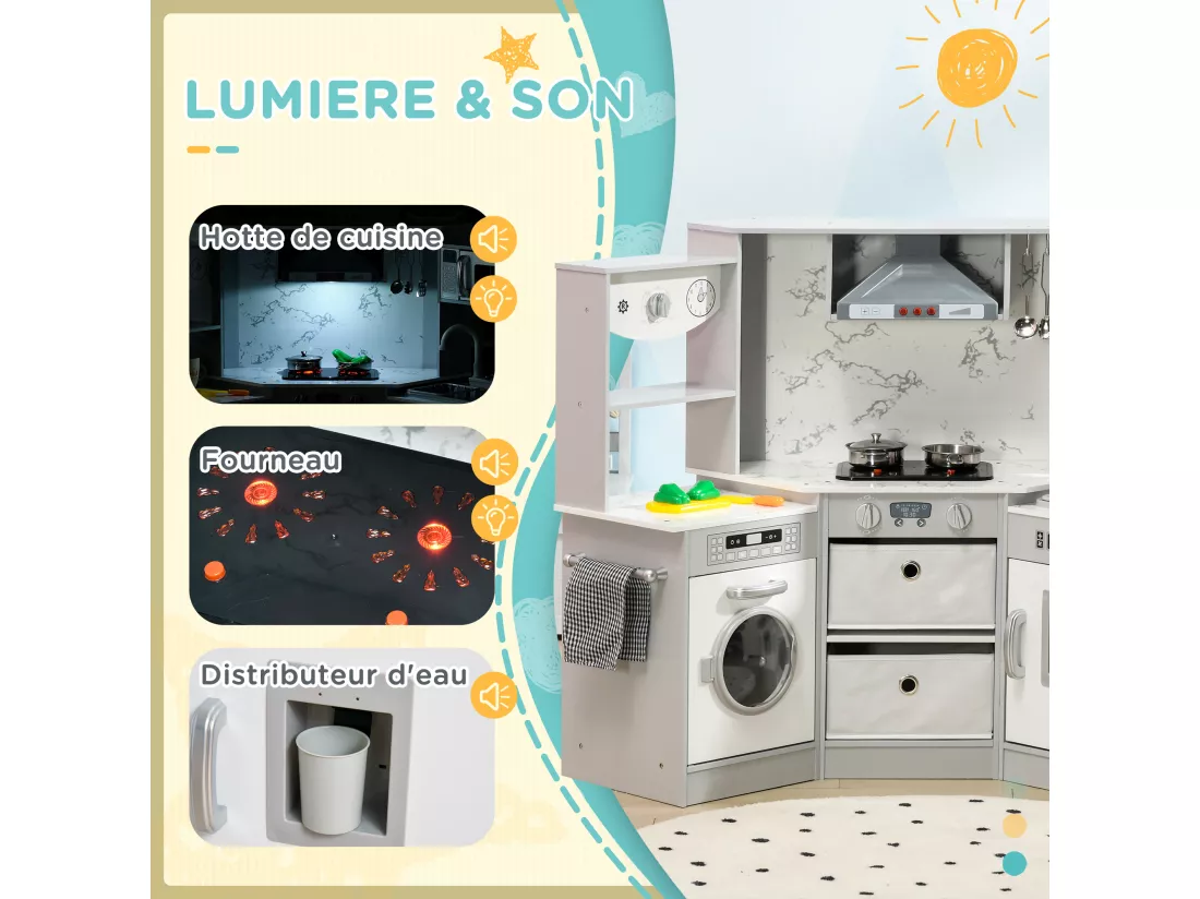Cuisine pour enfant jeu d'imitation nombreux accessoires rangements évier réfrigérateur hotte lave-linge gris blanc