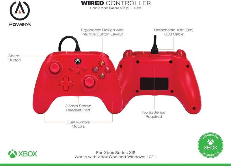 PowerA - Bedrade Controller - Rood - Voor Xbox - Extra Lange USB-C-kabel