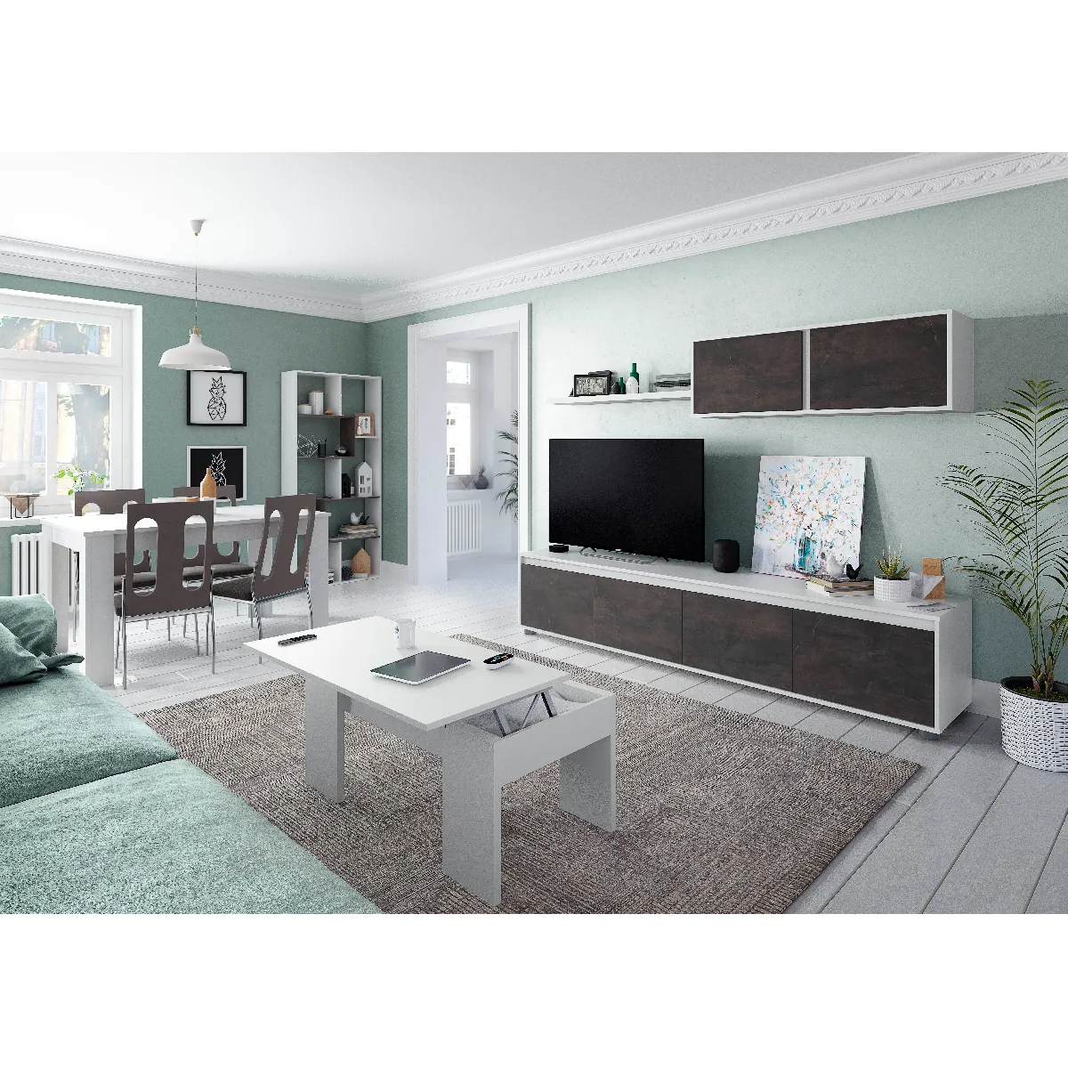 Alter Meuble TV 4 portes avec élément mural - Marron foncé et blanc
