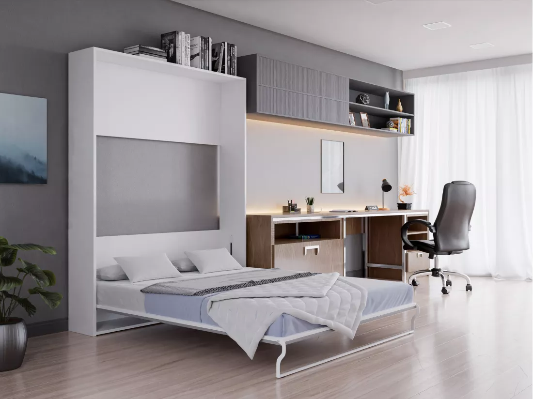 Lit escamotable 160 x 200 cm - Ouverture verticale manuelle - Blanc et gris + Matelas - MALINA II