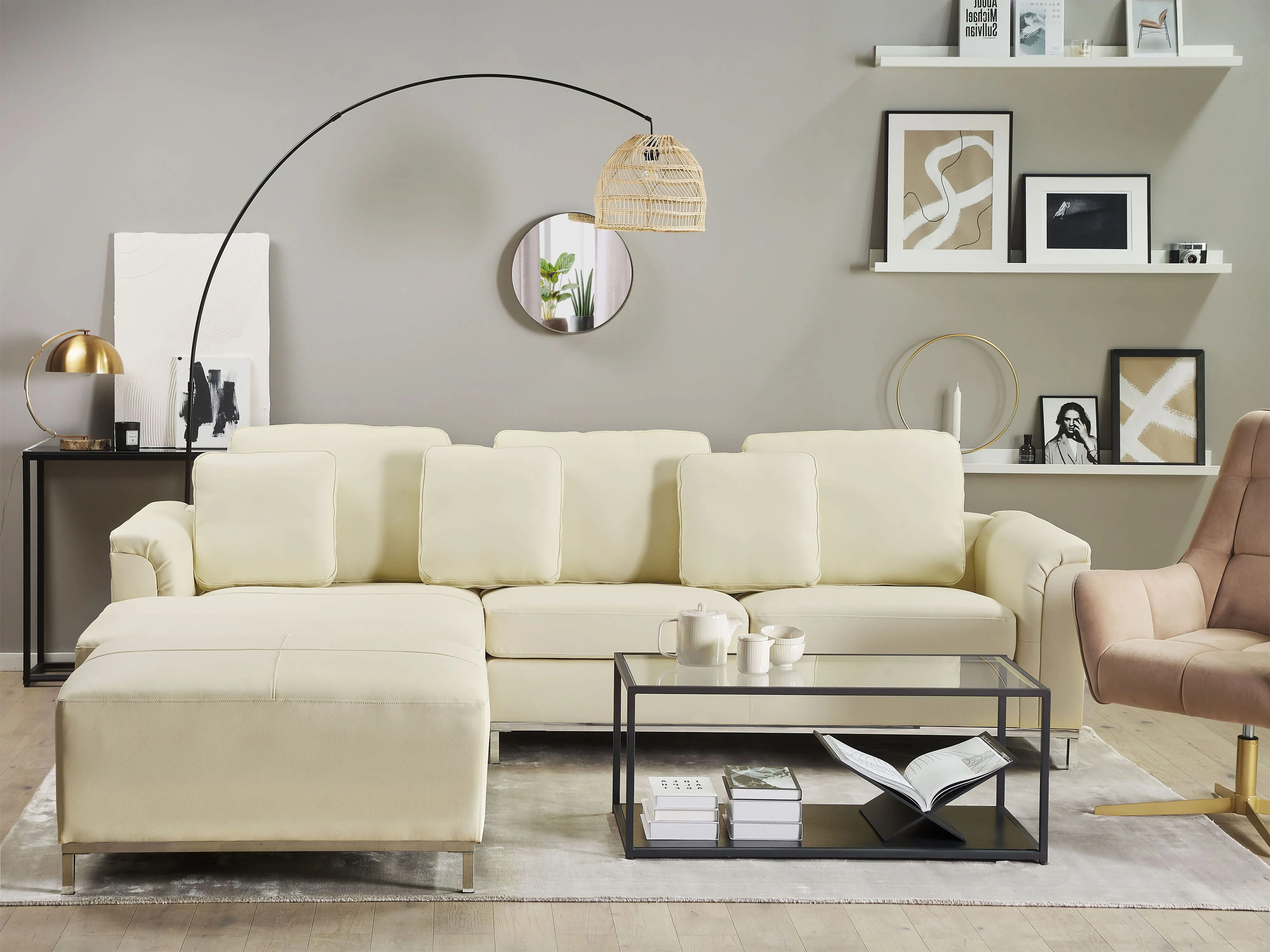 Hoekbank 5-zits OSLO Leer Lichtbeige met ottomaan rechtszijdig