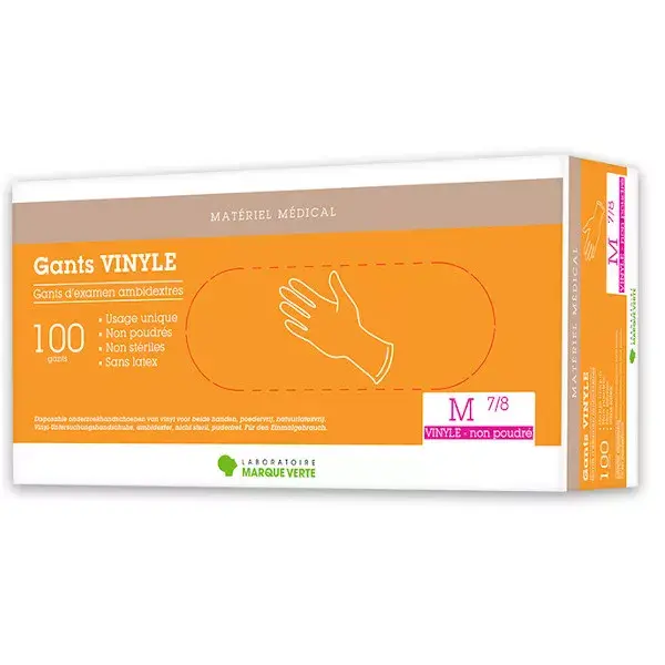 Luvas de exame ambidestras Marque Verte Pro, vinil sem pó, tamanho M, pacote com 100 unidades