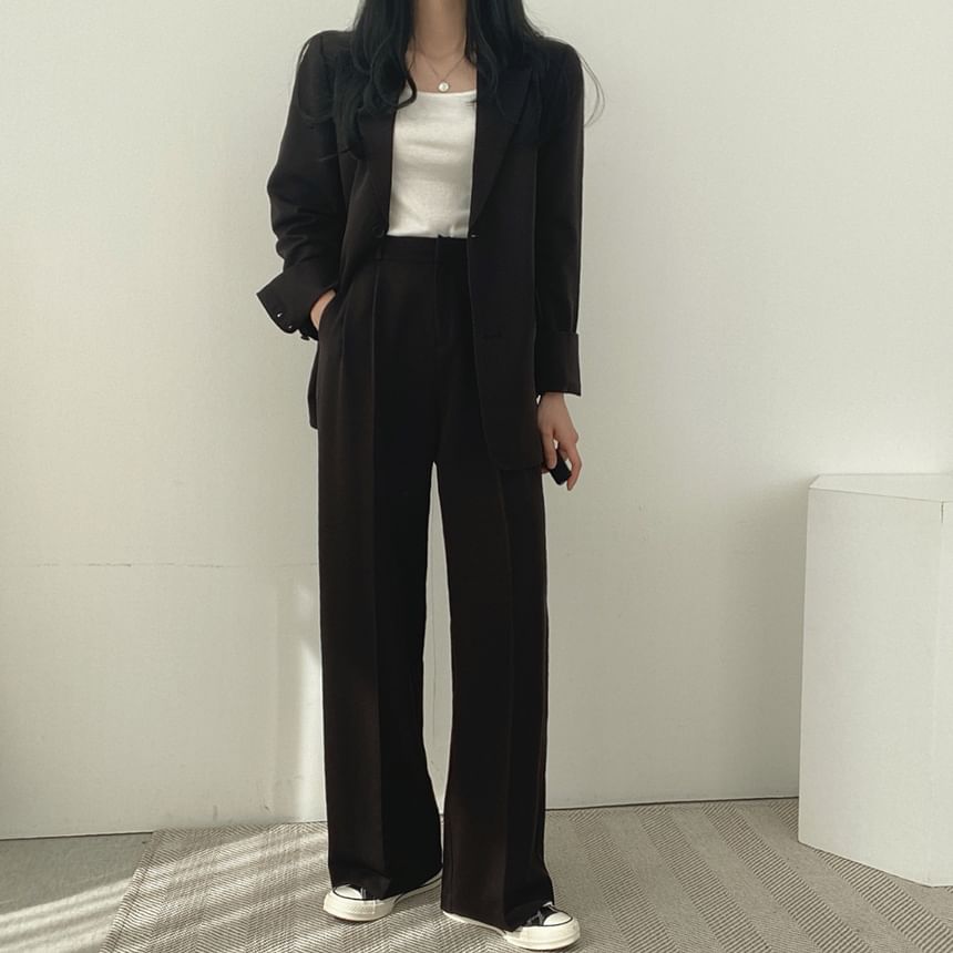 Bubapop - Blazer met reverskraag en één rij knopen / Broek met hoge taille en wijde pijpen