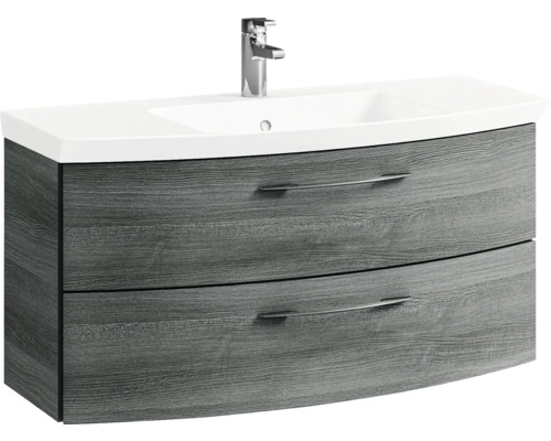 Pelipal Sunline 104 badkamermeubelset (B x H x D 161 x 200 x 50,5 cm), grafiet getextureerde fronten, 5-delige set bestaande uit witte mineraalstenen wastafel, badmeubel en spiegelkast met LED-verlichting.