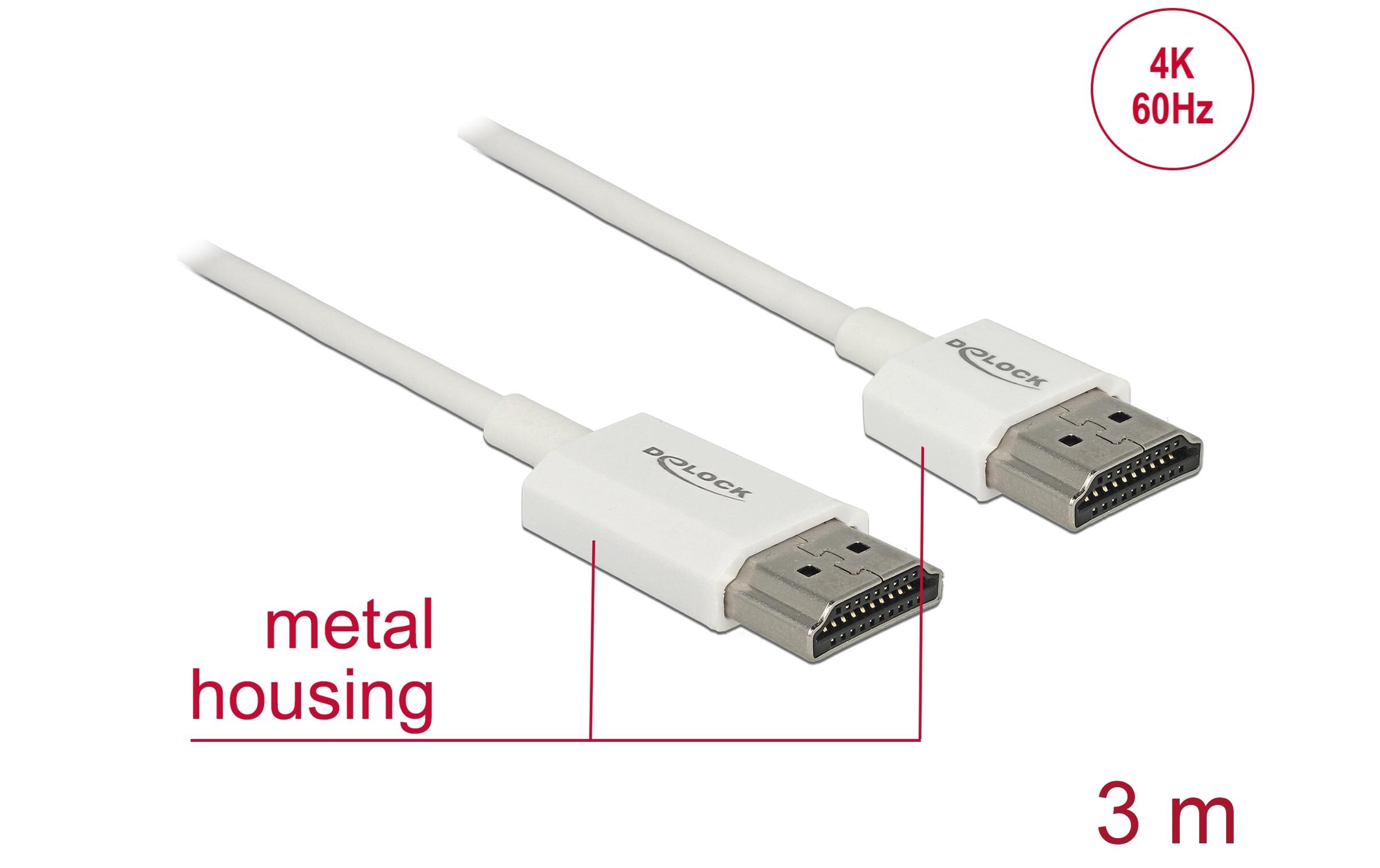 Kabel 4K 60Hz HDMI - HDMI, 3 m, WeissDelock Kabel High Speed HDMI mit Ethernet – HDMI-A Stecker > HDMI-A Stecker 3D 4K 3 m Slim High Quality