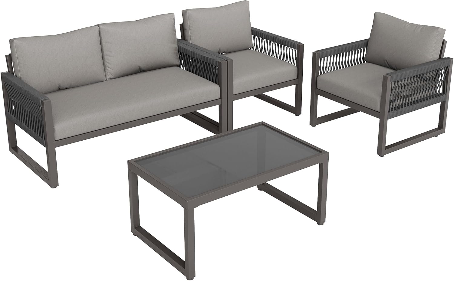 4-Sitzer-Gartenmöbel-Set mit Kissen, Seil-Lounge-Set inklusive 2-Sitzer-Sofa, 2 Sesseln und Tisch für den Außenbereich, Terrasse, drinnen (grau)