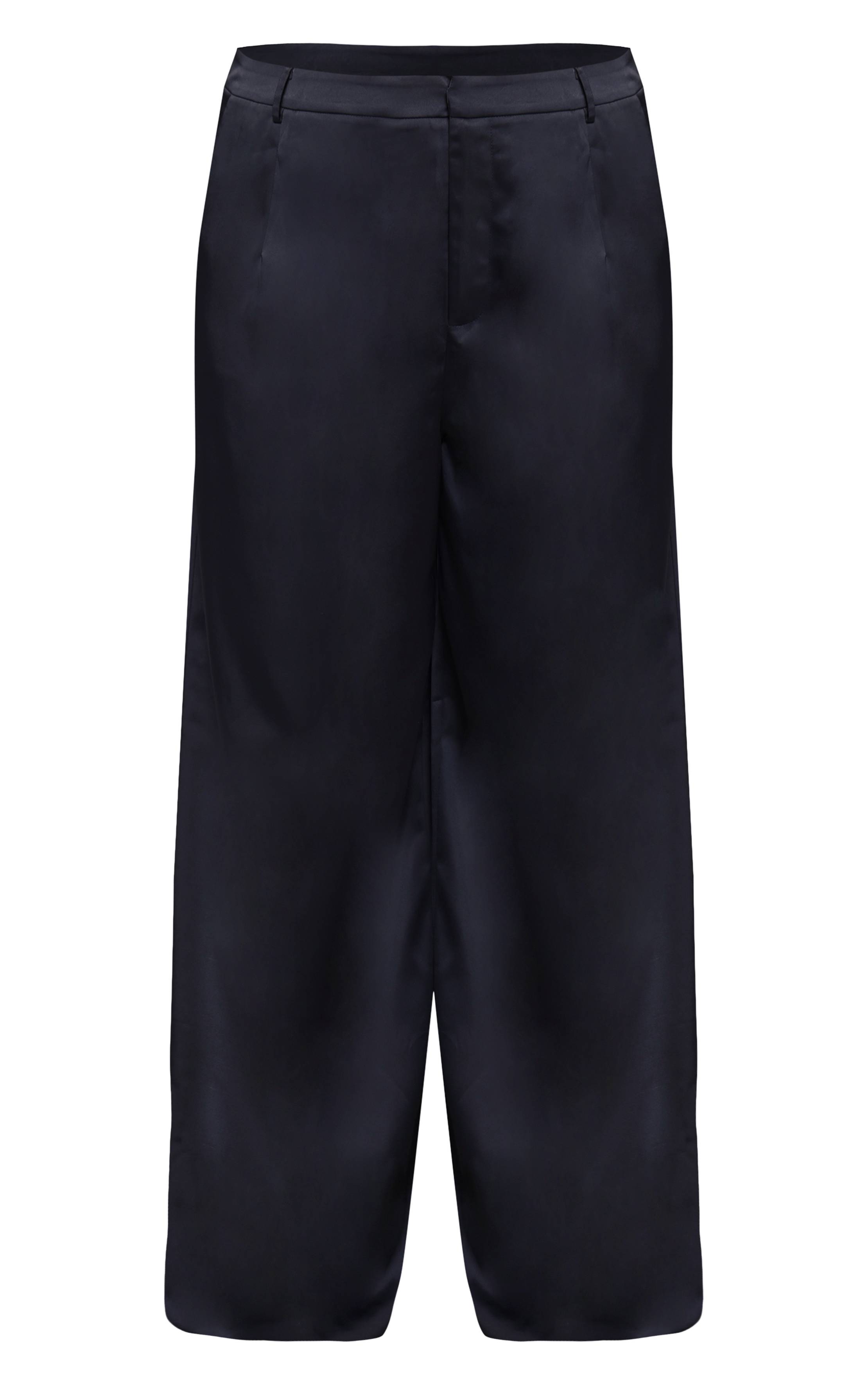 Noir Pantalon Large Taille Haute En Satin Froissé Grande Taille