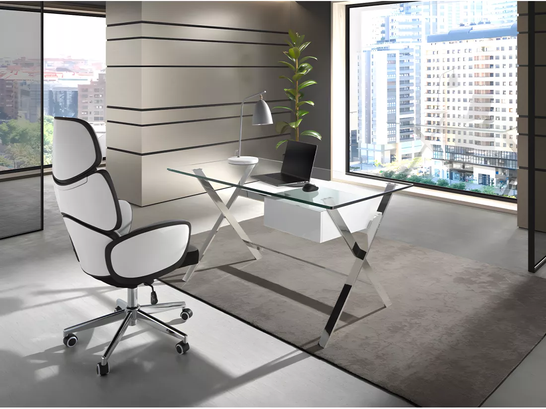 Bureau en bois blanc et acier chromé avec plateau en verre trempé 3255 ANGEL CERDA