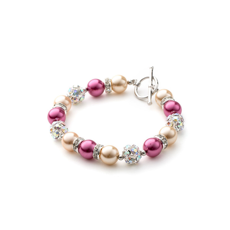 Bracelet 1 Rang en Perles Orange et Rose, Cristal et Plaqué Rhodium