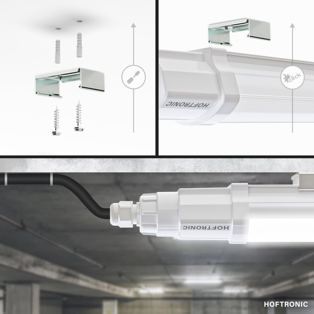 HOFTRONIC - Q-Series - 8er LED Feuchtraumleuchte 120cm - IP65-36W 4320 Lumen - 6500K Kaltweiß - IK08 - Verknüpfbar Schnellverbindung - Kellerleuchte, Feuchtraum Wannenleuchte