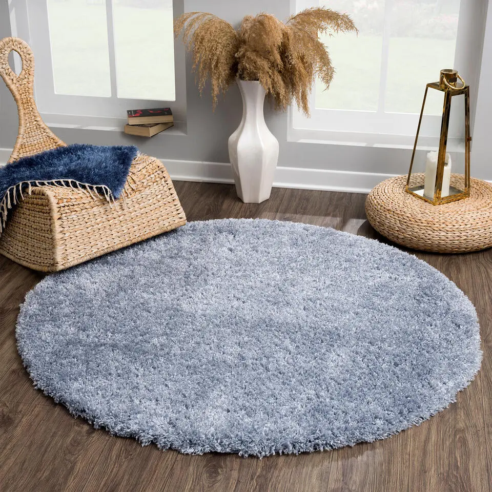 Porto Rond Soft Fluffy Vloerkleed Hoogpolig Effen Blauw - 150 CM ROND