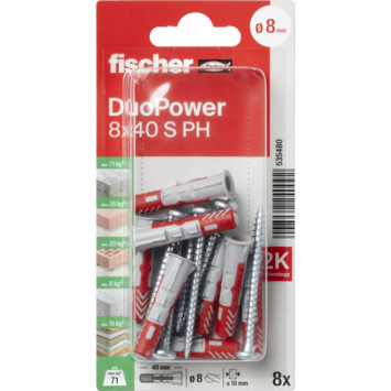 Fischer Universeelplug DuoPower 8x40mm met bolkopschroef 8 stuks