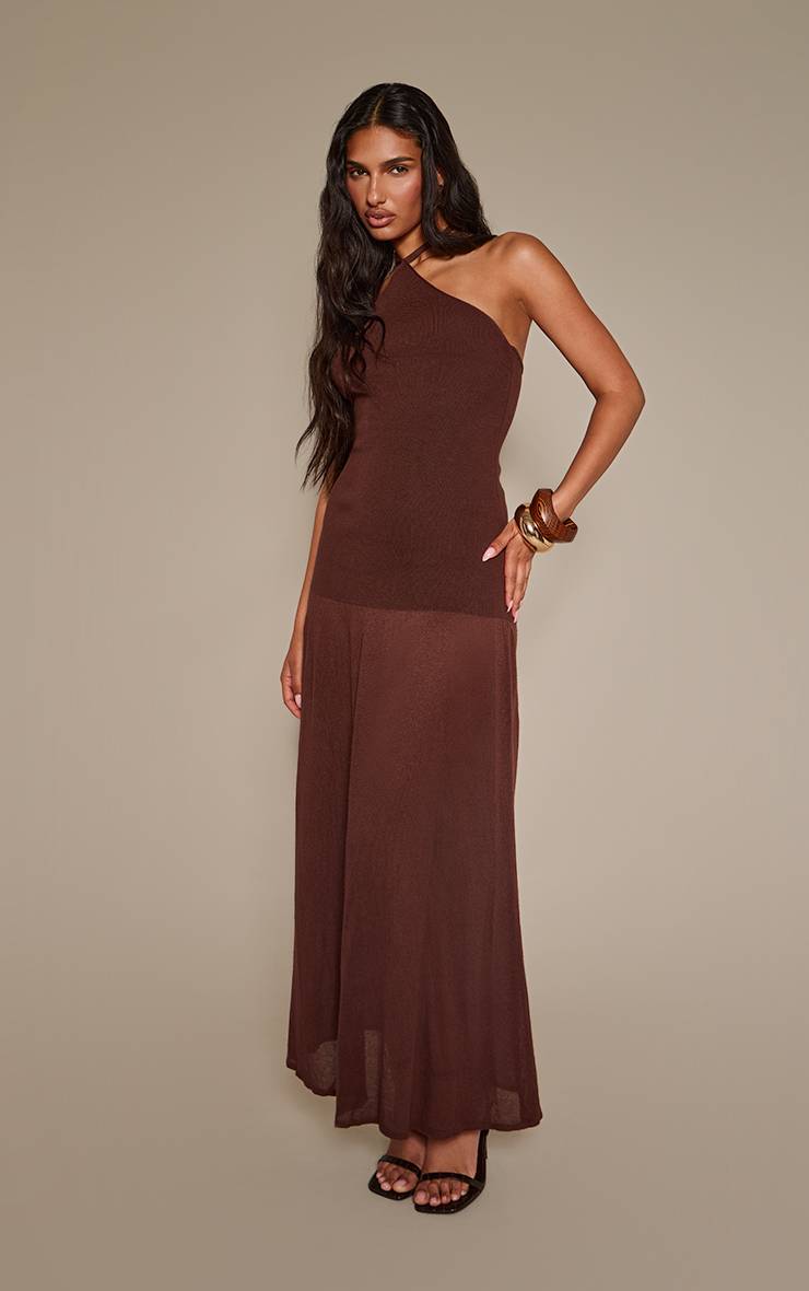 Chocolat Robe Longue Tricotée À Taille Basse Avec Encolure Dos-nu Et Panneau Transparent