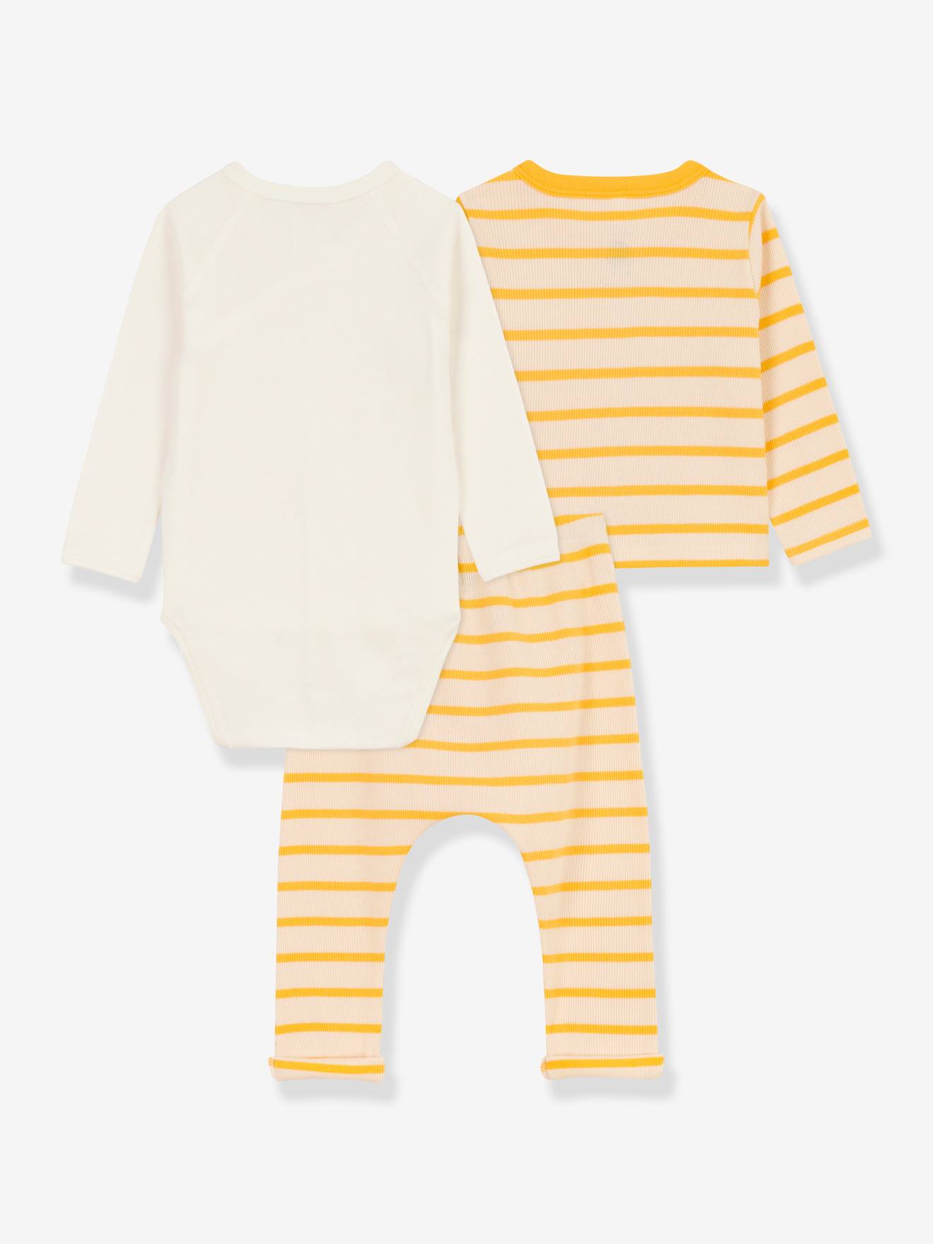 Conjunto PETIT BATEAU bege de 3 peças em algodão orgânico para recém-nascido
