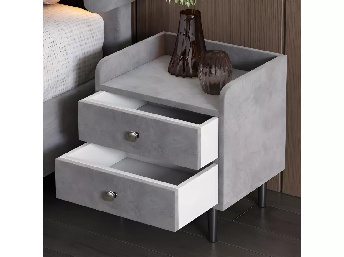 Table de chevet tapissée en velours - avec 2 tiroirs - Gris