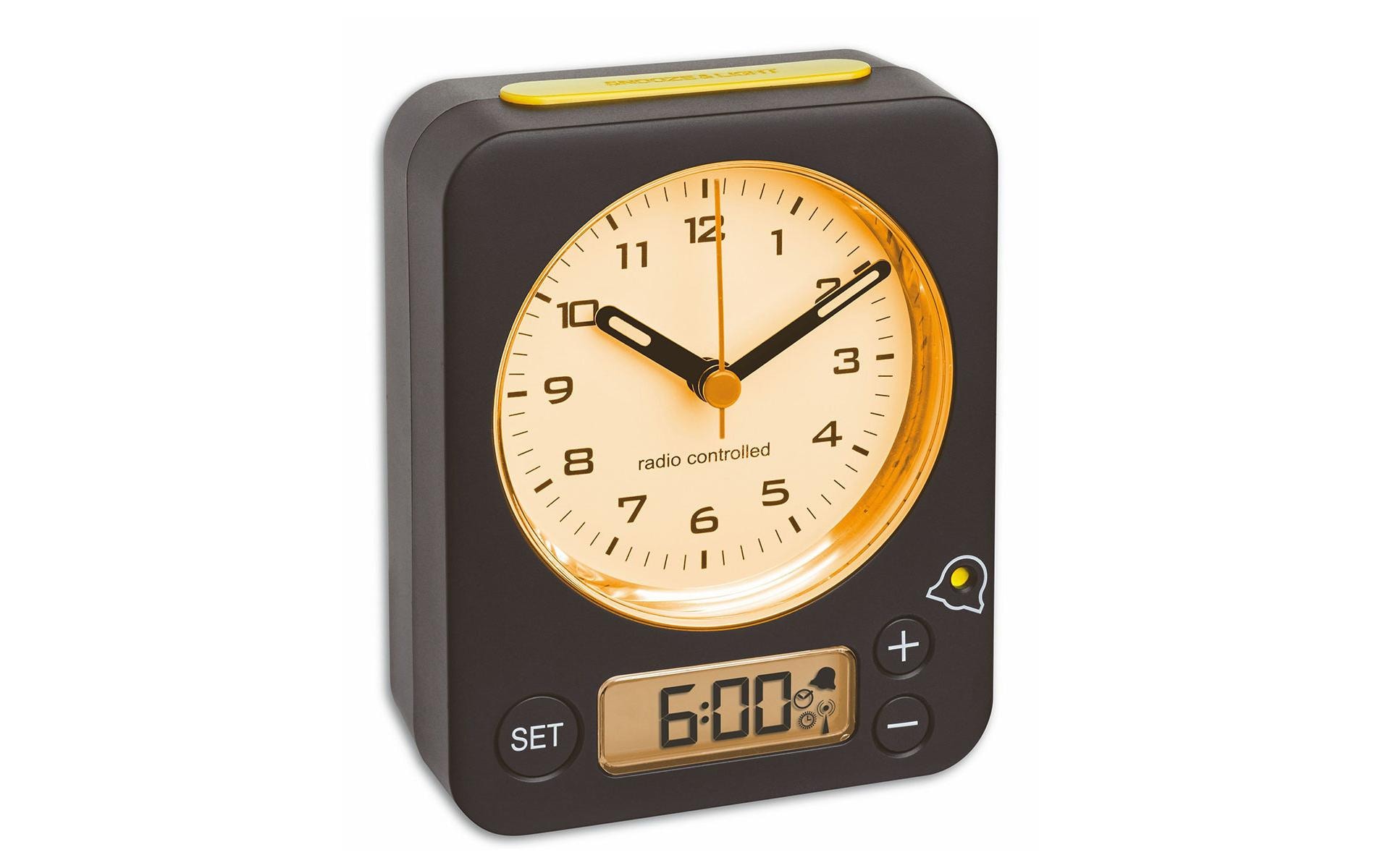 Funkwecker Combo Gelb/SchwarzAnaloger Funk-Wecker mit digitaler Alarmeinstellung
