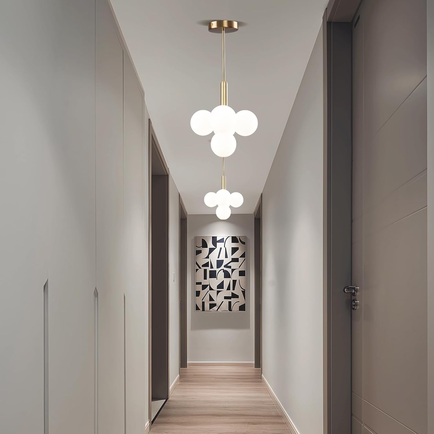 Moderne Gold Kronleuchter,Weißem Glas Globe Pendelleuchten, 5-flammiges Design,Verstellbare Vintage Hängeleuchte,Halbeinbau Deckenleuchte,Geeignet für Flur,Esszimmer und Küche