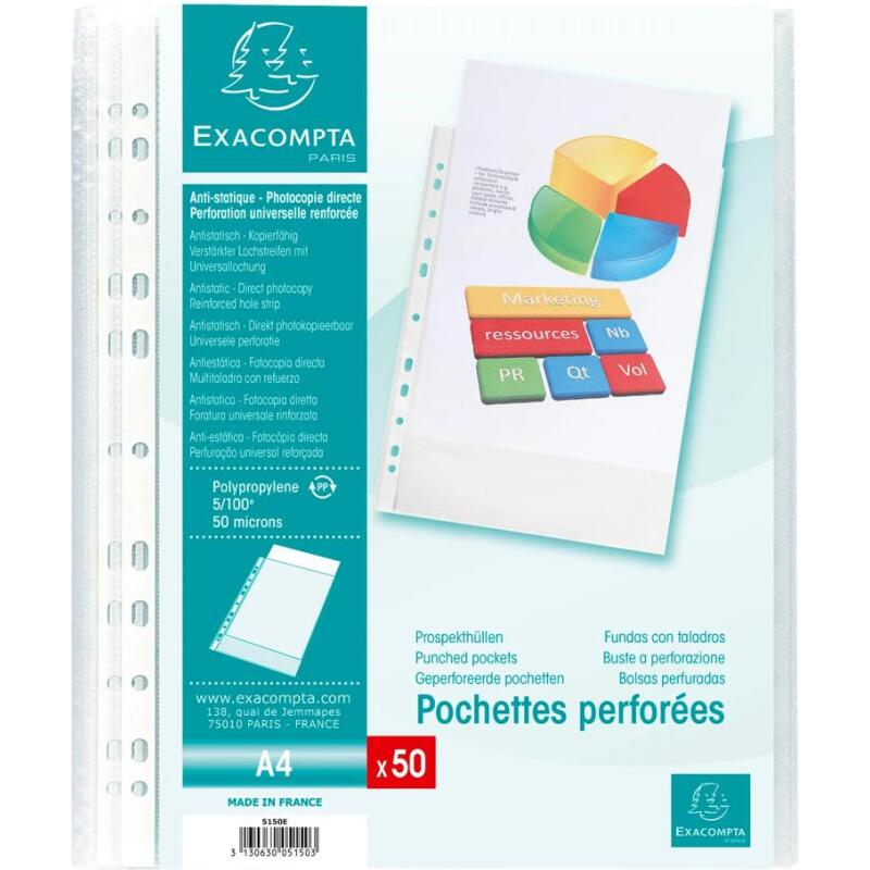 Sachet de 50 pochettes perforées polypropylène grainé 5/100e - A4 - Cristal