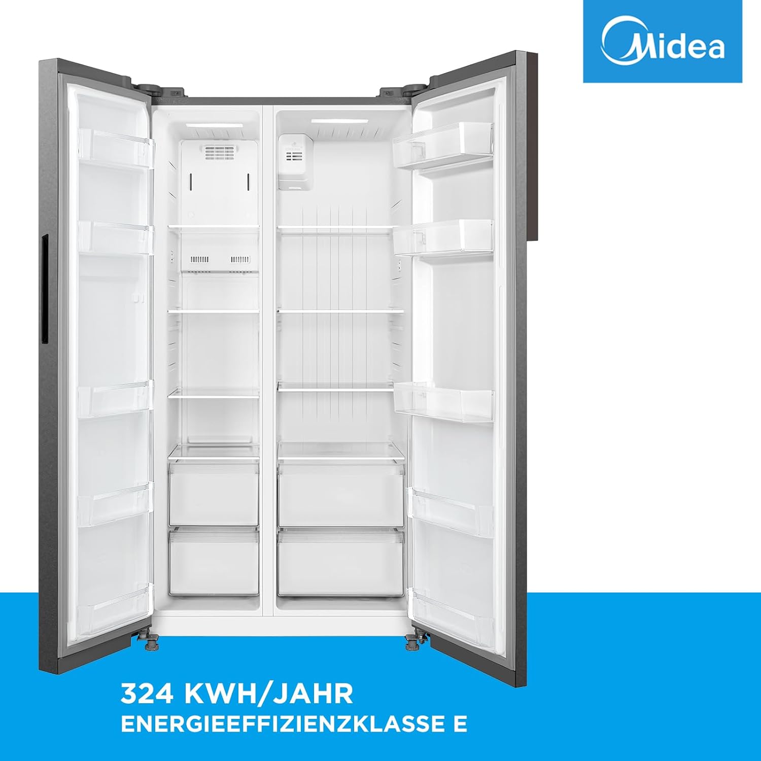 Midea MERS530FGE02 Side-by-Side Kühl-/Gefrierkombination/No Frost/Inverter Compressor/176,5 cm hoch/347 L Kühlen/201 L Gefrieren/Doppelte Steuerung/SuperCool/35dB, Inox