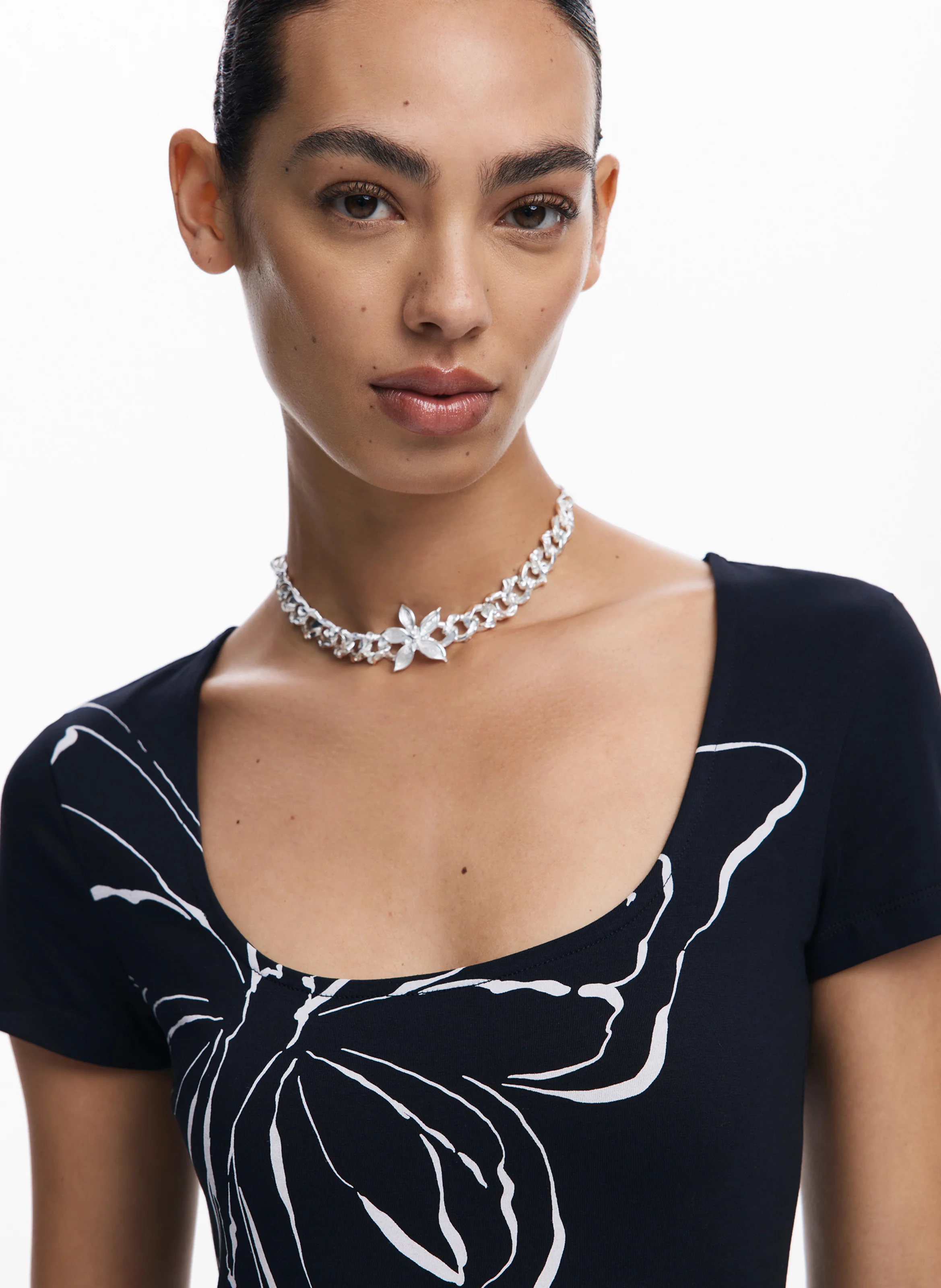 Robe midi col rond en coton mélangé | Noir