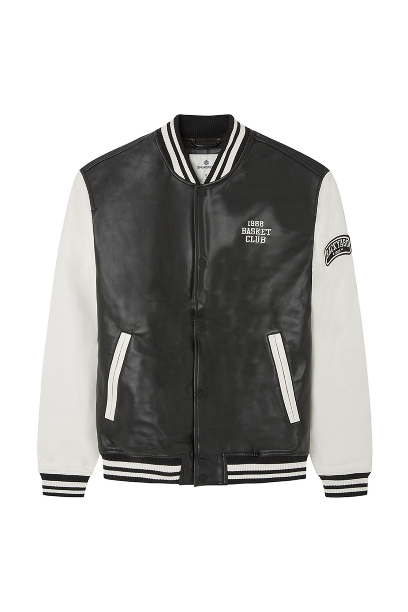 Jaqueta bomber estilo universitário com efeito de couro
