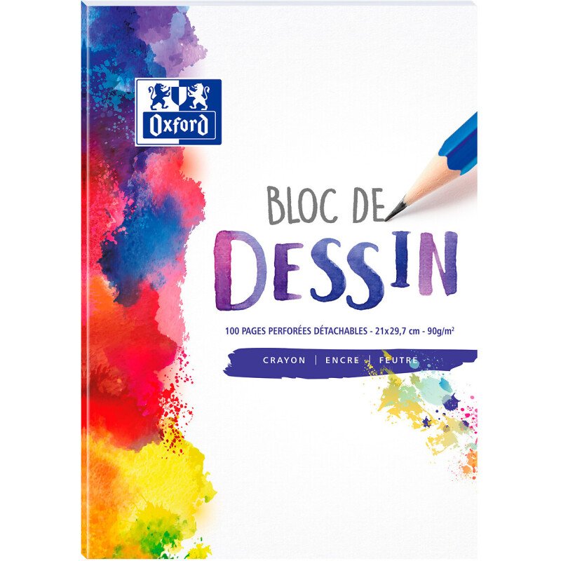 Bloc-notes Oxford dessin A4 réglure unie blanche 100 pages collé côté couverture colorée