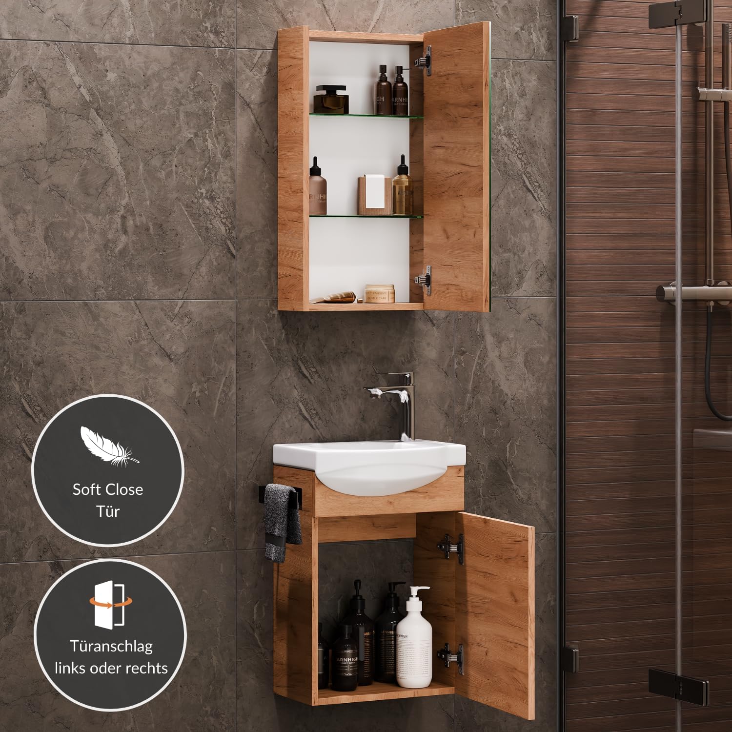 Planetmöbel Badmöbel Set Waschtisch mit Unterschrank 40 x 60 x 29 cm mit Spiegelschrank 40 cm für Badezimmer, Gäste WC & Bad, Gold Eiche