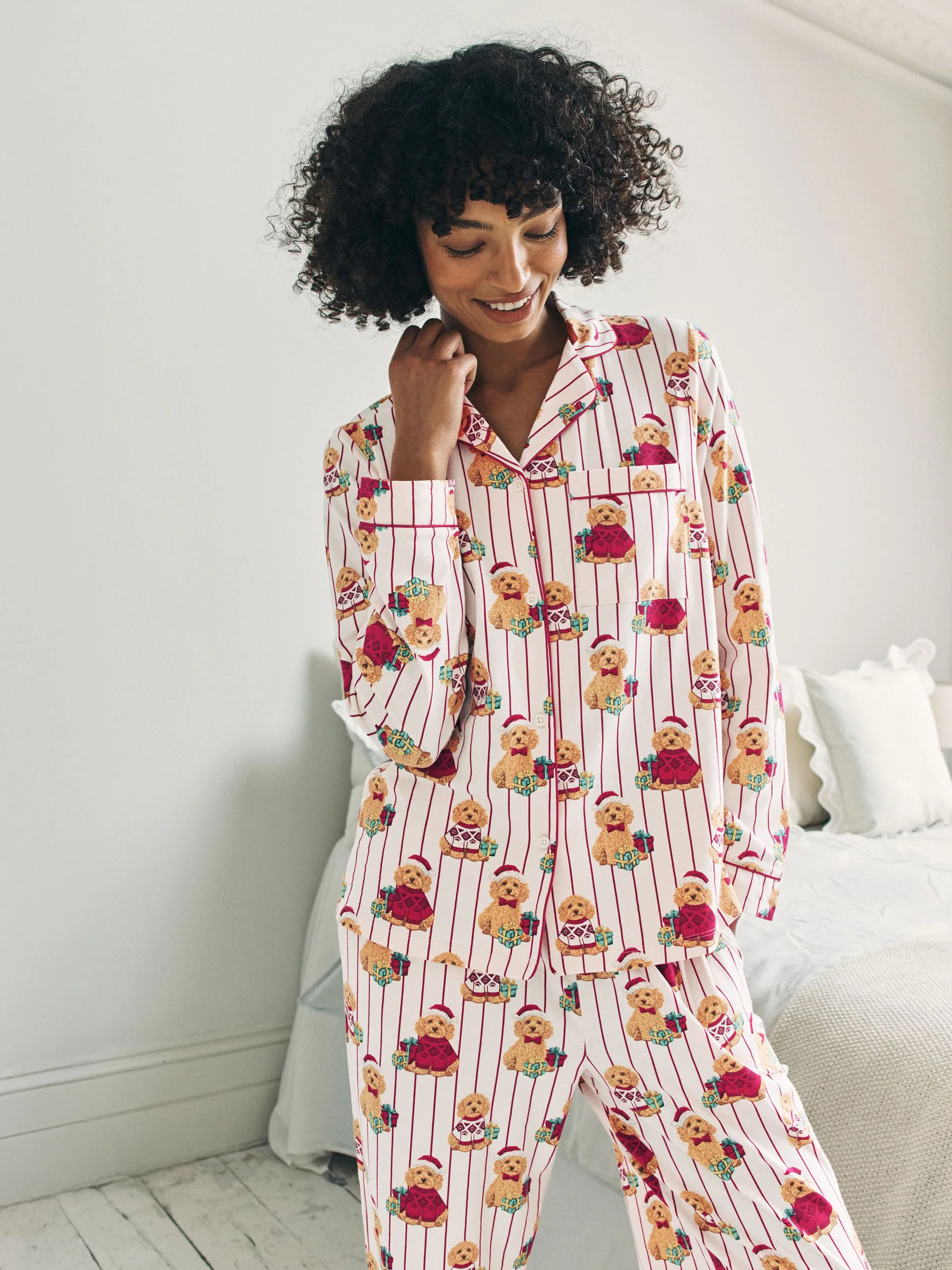 Chelsea Peers Cotton Chip the Christmas Cockapoo Dog Print Long Pyjamas Set