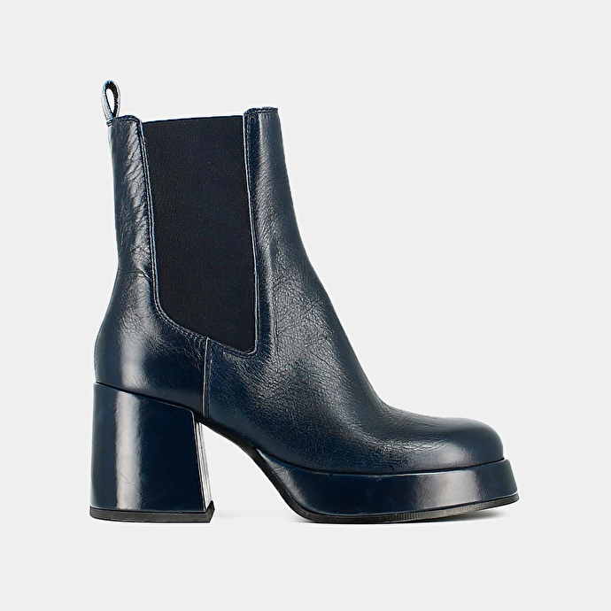 Bottines à plateformes et bouts carrés  en cuir vielli bleu