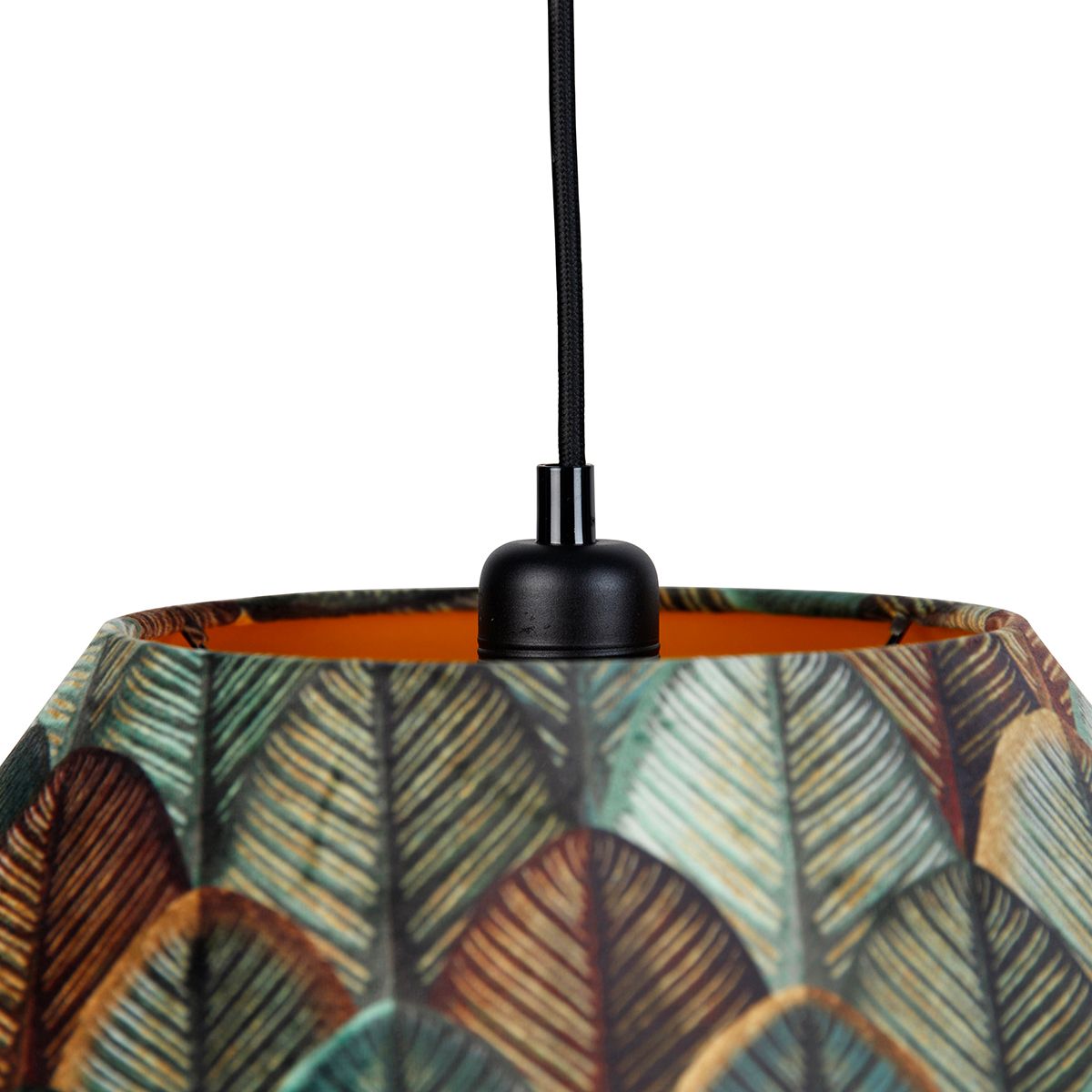 Hanglamp zwart met dubbele velours lampenkap blad dessin en beige 2-lichts - Cava Luxe