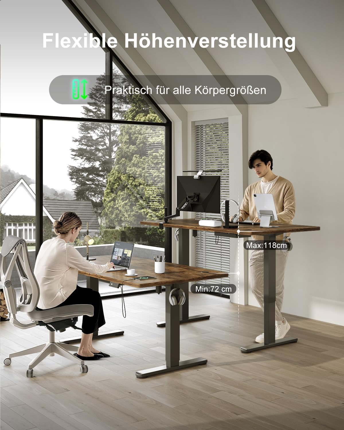 Devoko Höhenverstellbarer Schreibtisch 200x100cm mit Typ-C Ladeanschluss, Schreibtisch Höhenverstellbar Elektrisch, Mobiler Elektrisch Computertisch mit Kabel Management Tray, Vintage-Braun