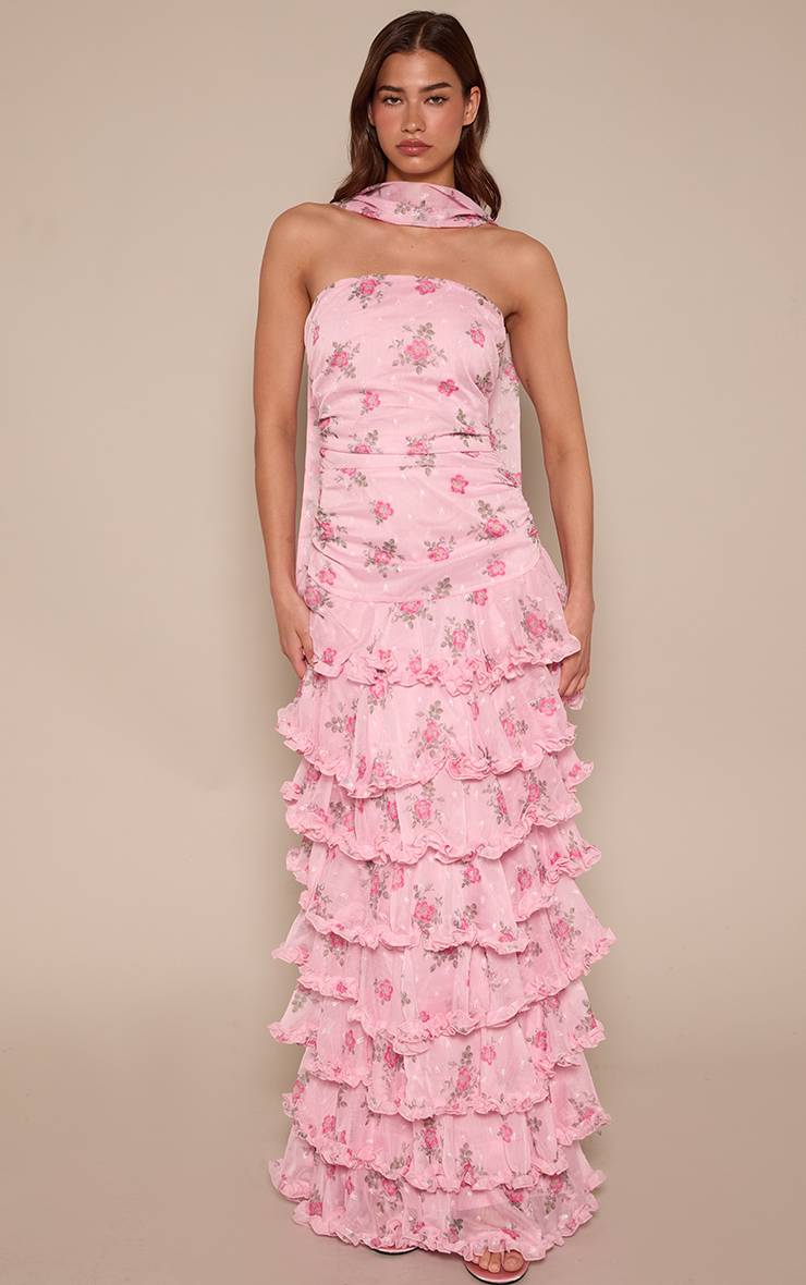 Rose Robe Maxi À Volants Étagés En Mousseline Florale À Imprimé Fleuri Ditsy