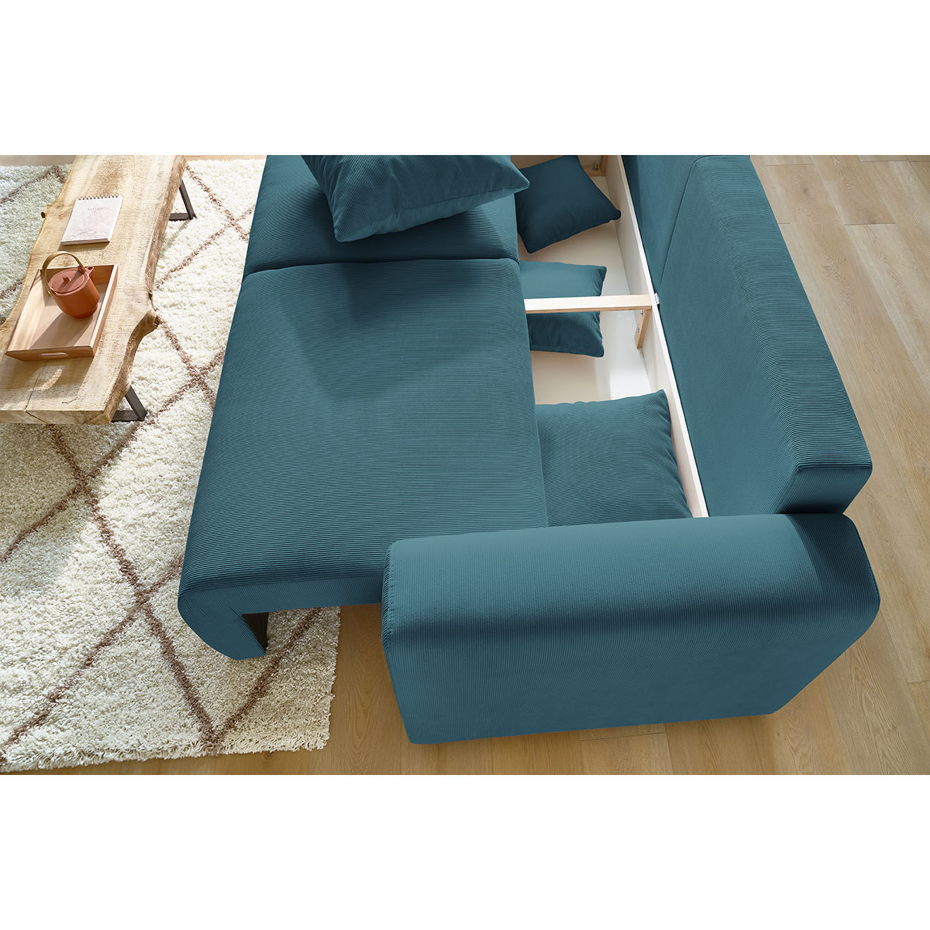 Bobochic Canapé 3 places velours côtelé convertible coffre Envy bleu foncé - 245x102x88 cm
