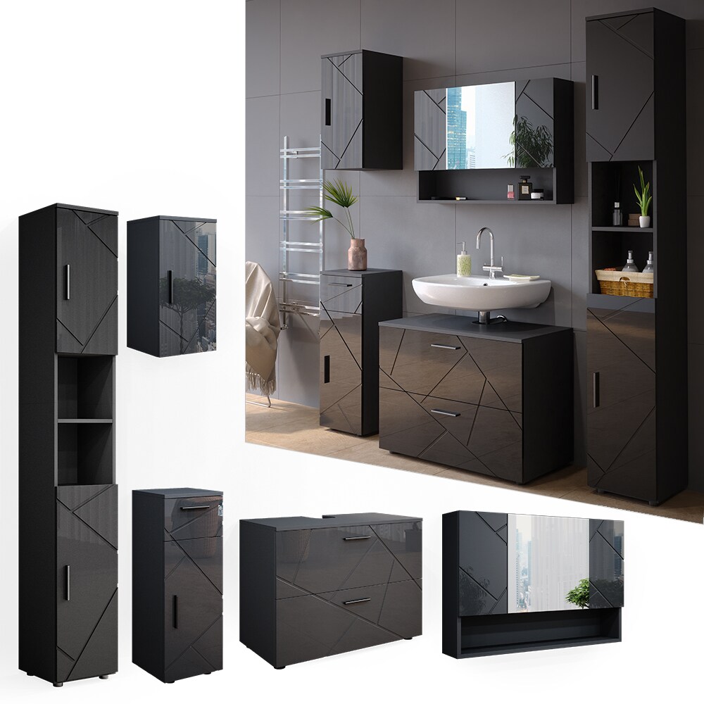 Vicco Badmöbelset Irma Anthrazit Hochglanz modern 80 cm 30 cm Badezimmerschrank Badschrank Badezimmermöbel Waschtischunterschrank Spiegelschrank Hochschrank Midischrank Hängeschrank Tür Schublade