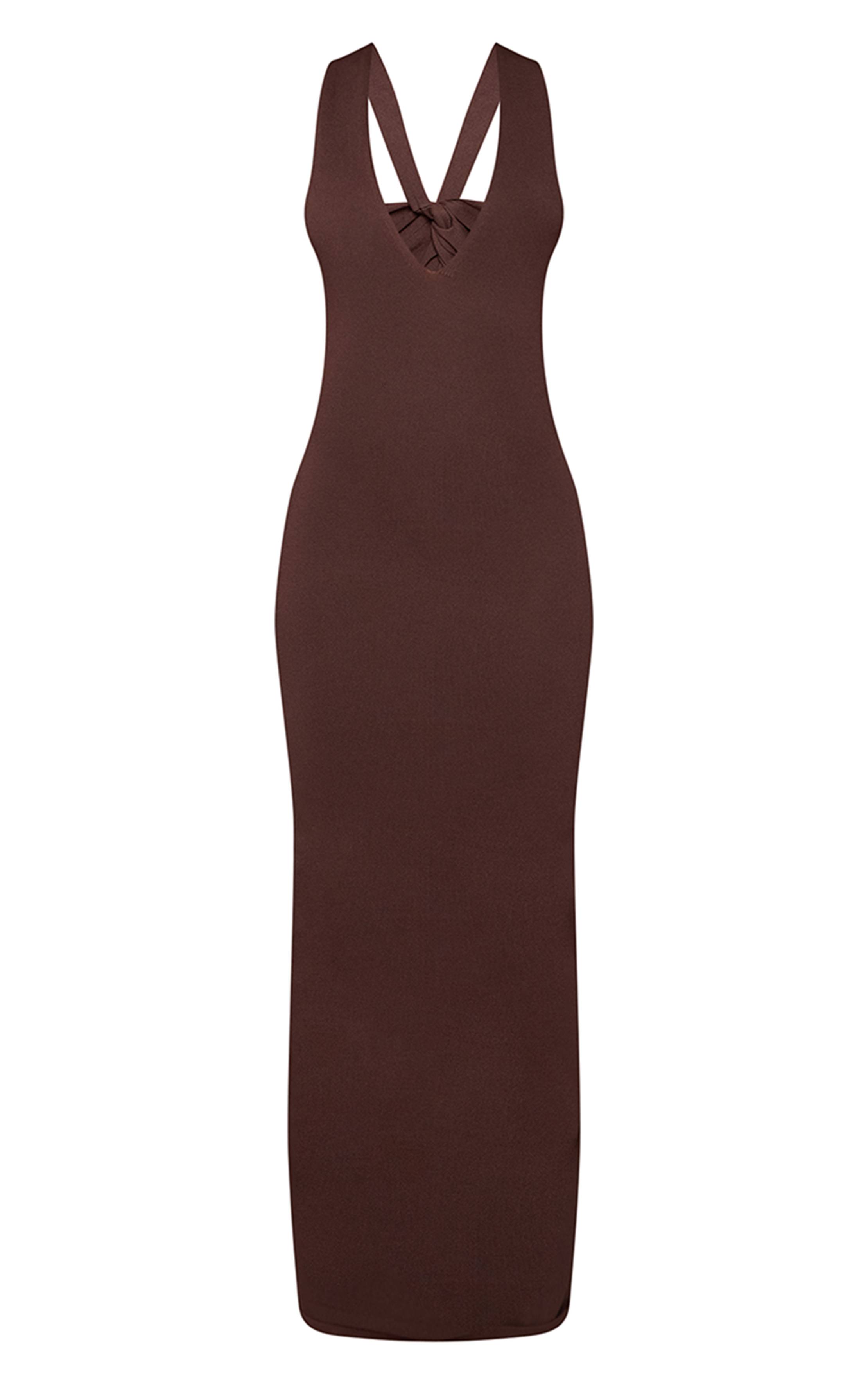 Chocolat Robe Maxi Maille Fine Détail Croisé