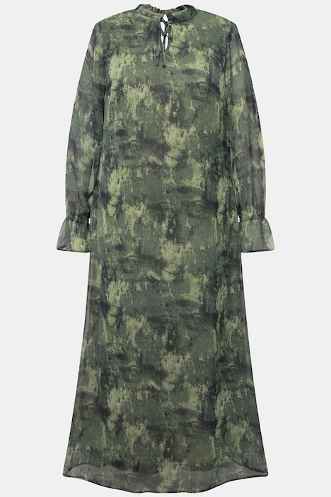 Maxikleid, A-Line, Chiffon, Allover-Print, Rüschenkragen, Langarm